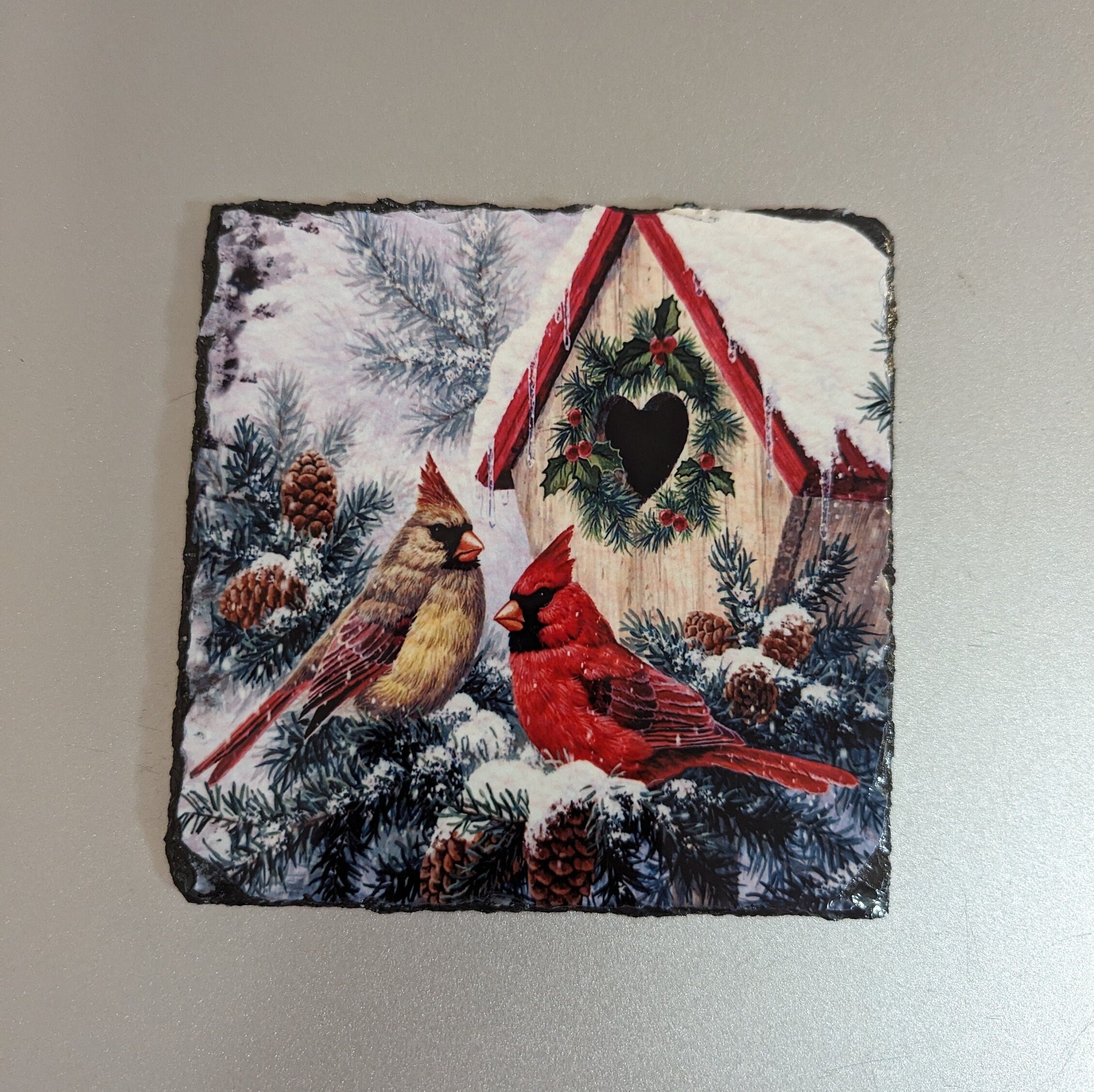 Slate Cardinal Picture With Cardinals In The Snow, Includes Display Legs