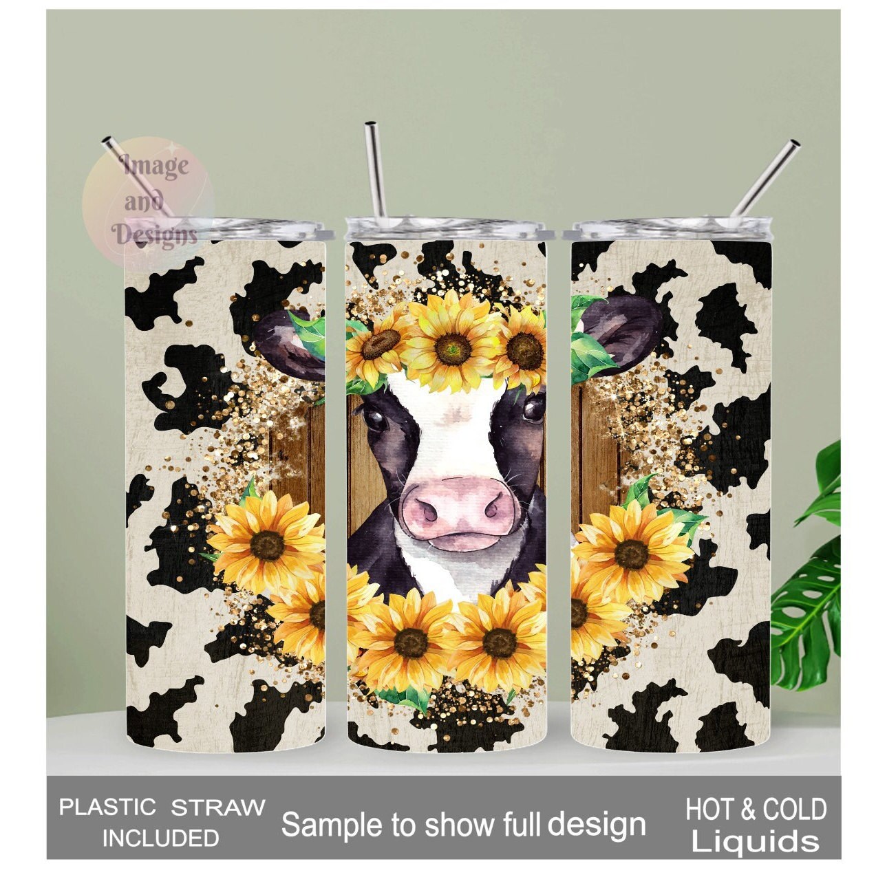 Cow With Sunflowers Tumbler 20oz With Reusable Straw, Can Be Personalized