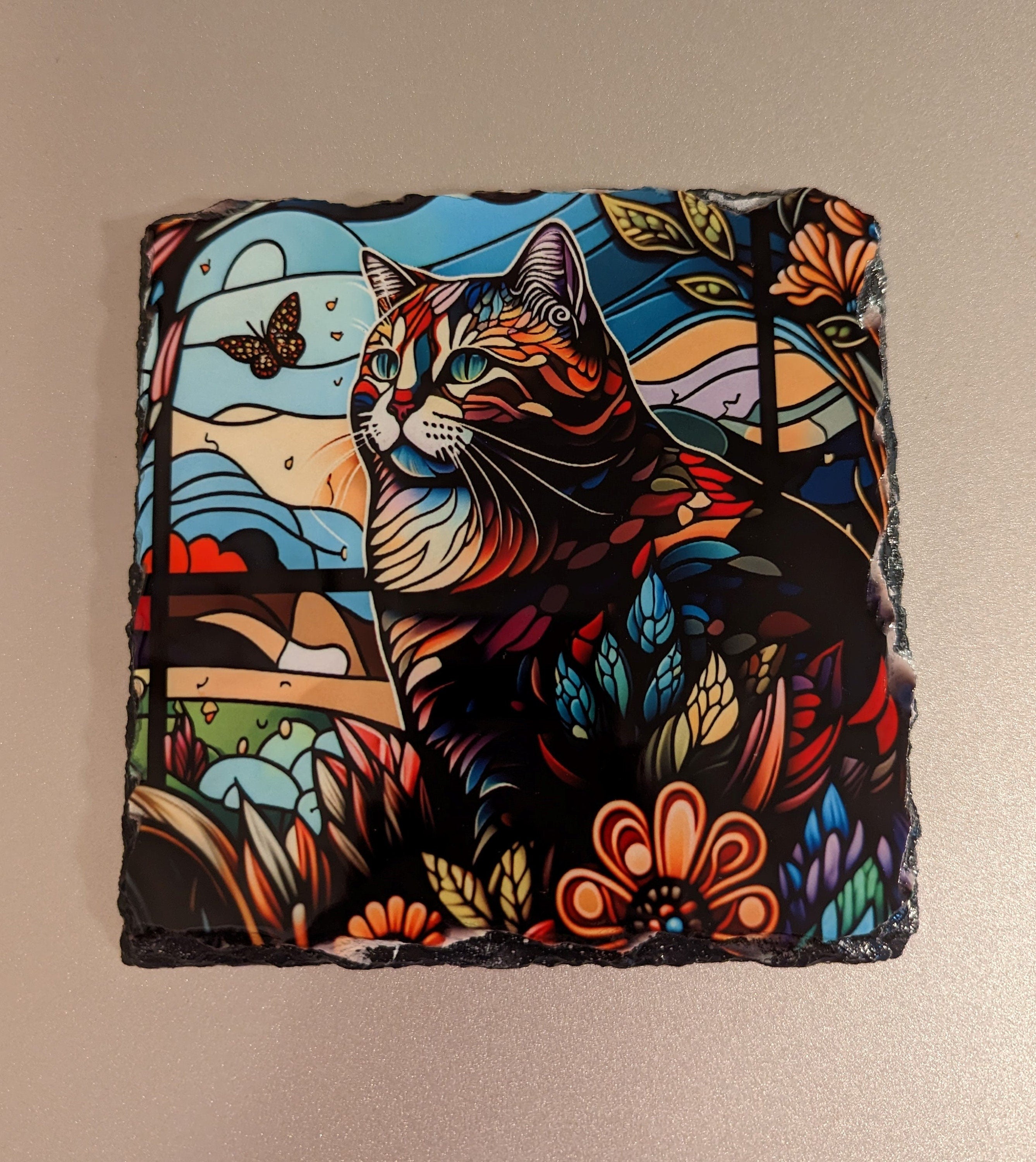 Stained Glass Design Slate Cat Picture With Display Legs