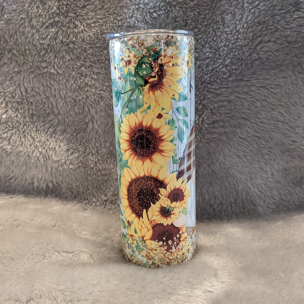 Cute Gnome With Sunflowers Tumbler 20oz With Reusable Straw, Can Be Personalized