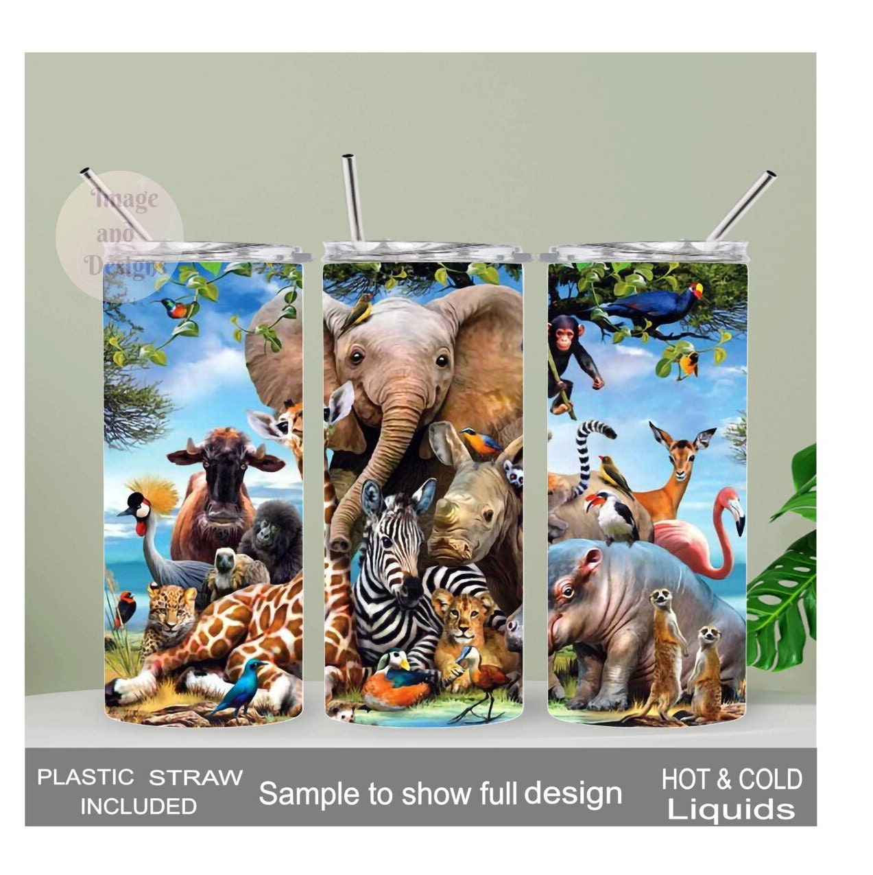 Jungle Animals Tumbler 20oz With Reusable Straw, Can Be Personalized