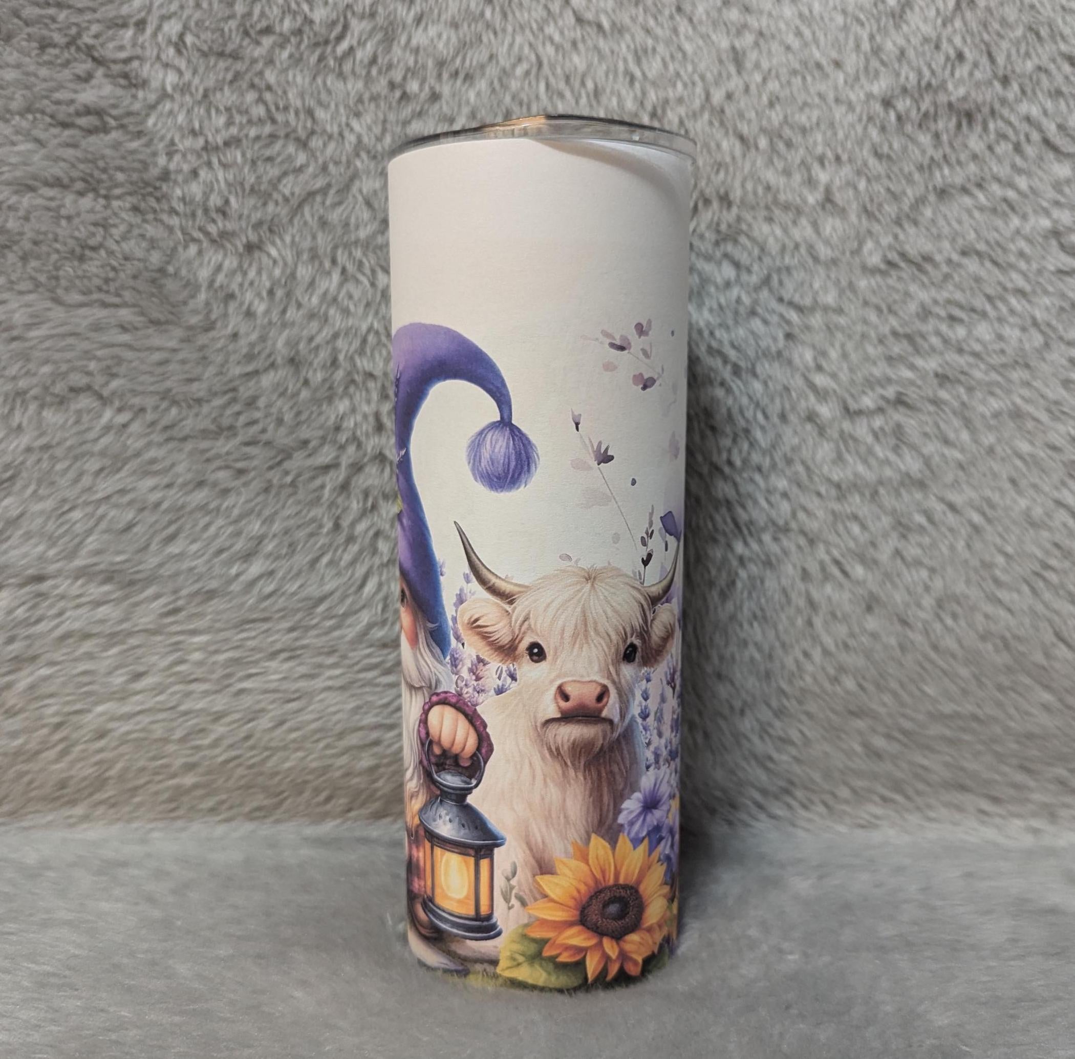 Gnome With Highland Cow Tumbler 20oz With Reusable Straw, Can Be Personalized