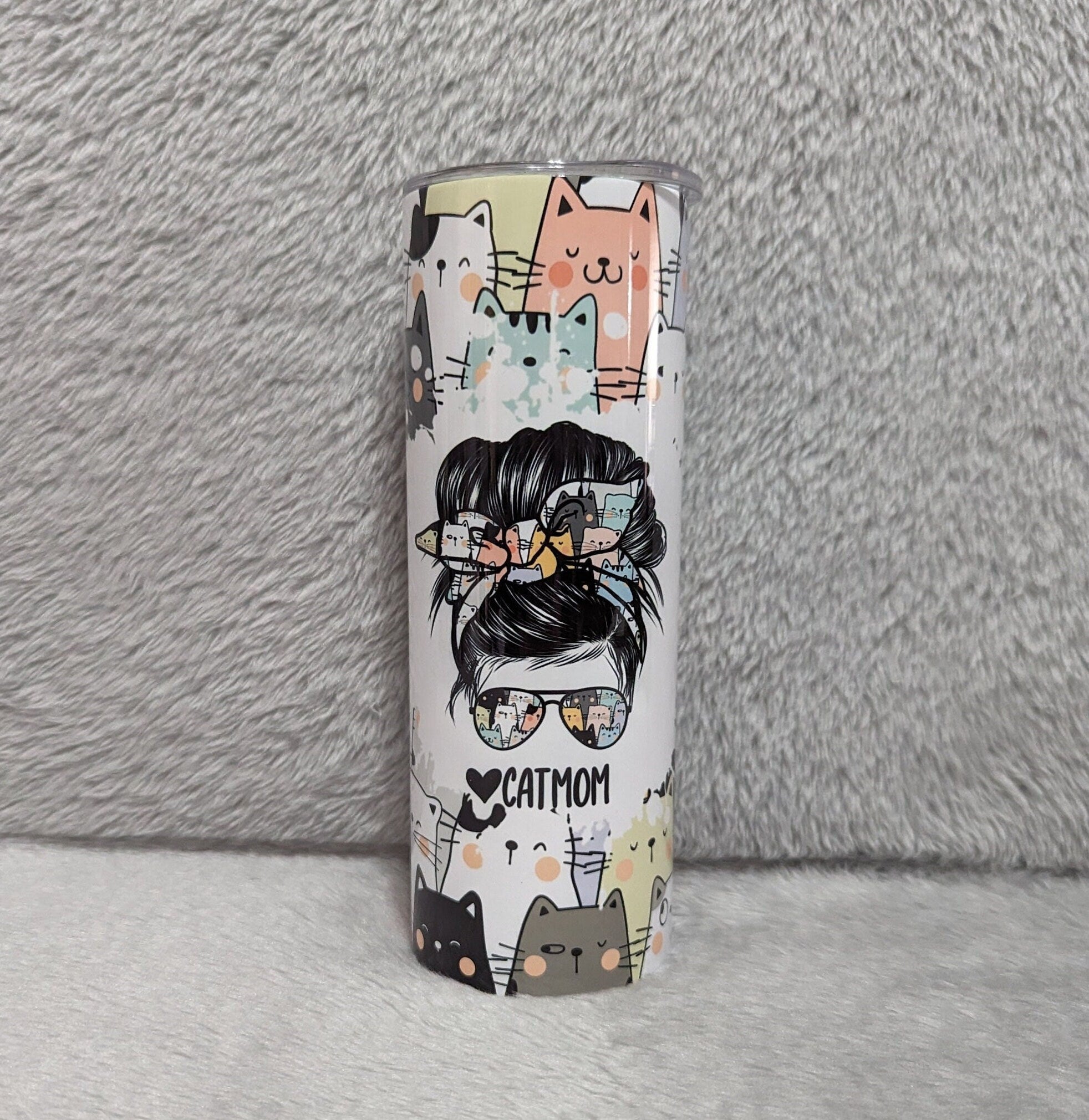 Cat Mom Tumbler 20oz With Reusable Straw, Can Be Personalized