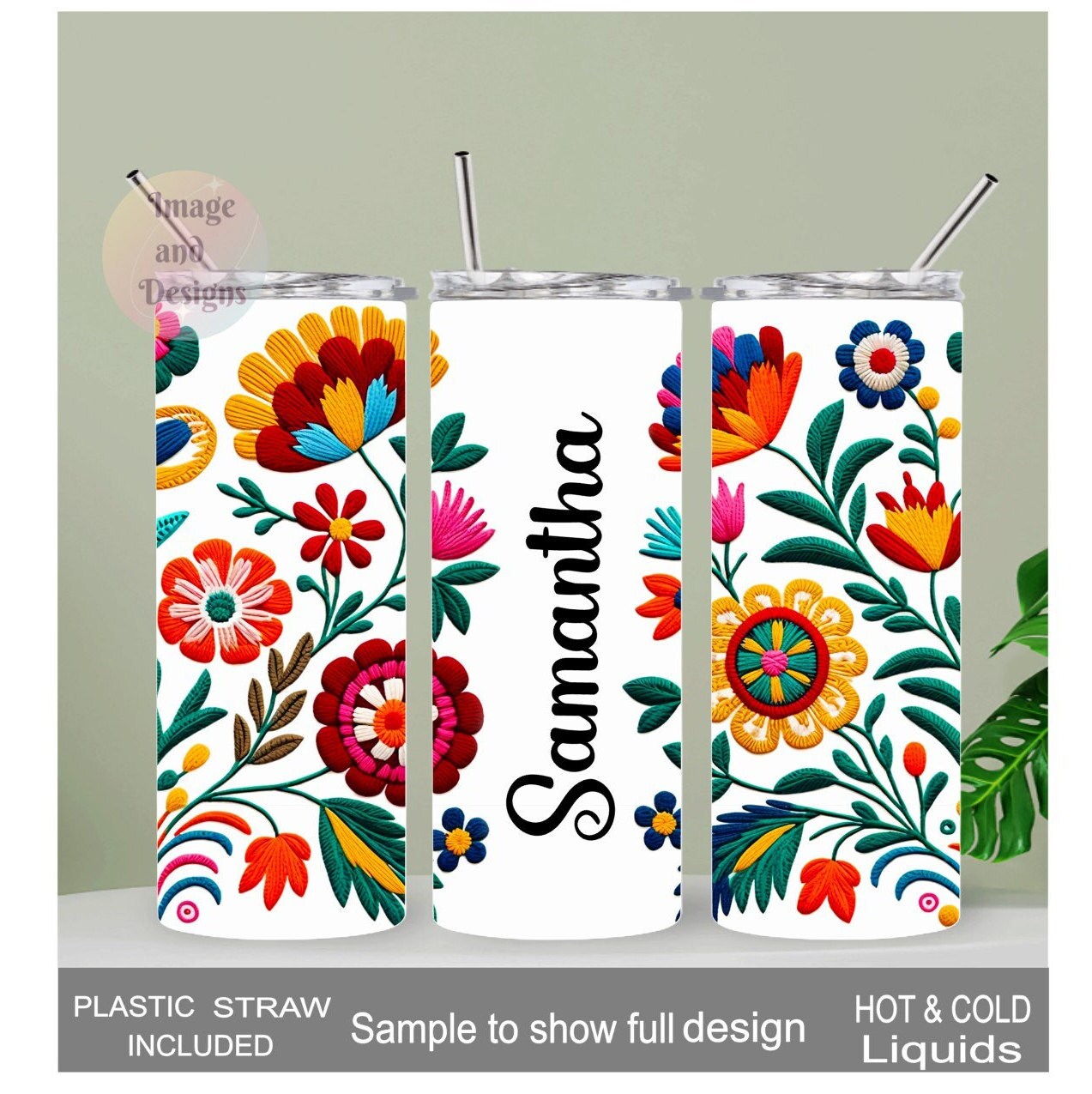 Personalized Flowers Stitch Design Tumbler 20oz Includes Reusable Straw