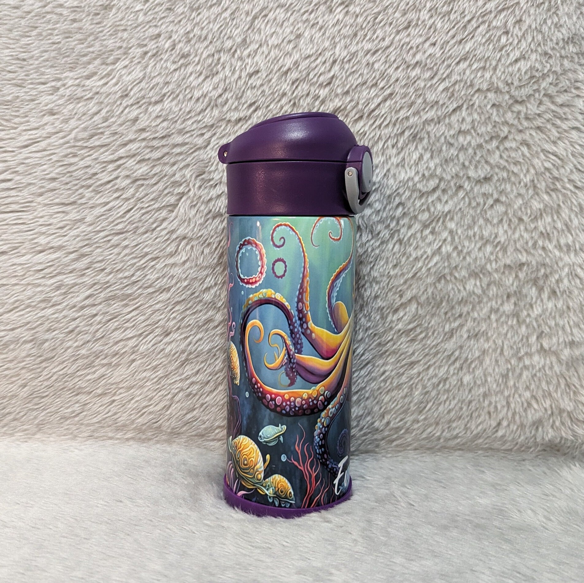 Kids Octopus Water Bottle 12oz With Reusable Straw, Can Be Personalized
