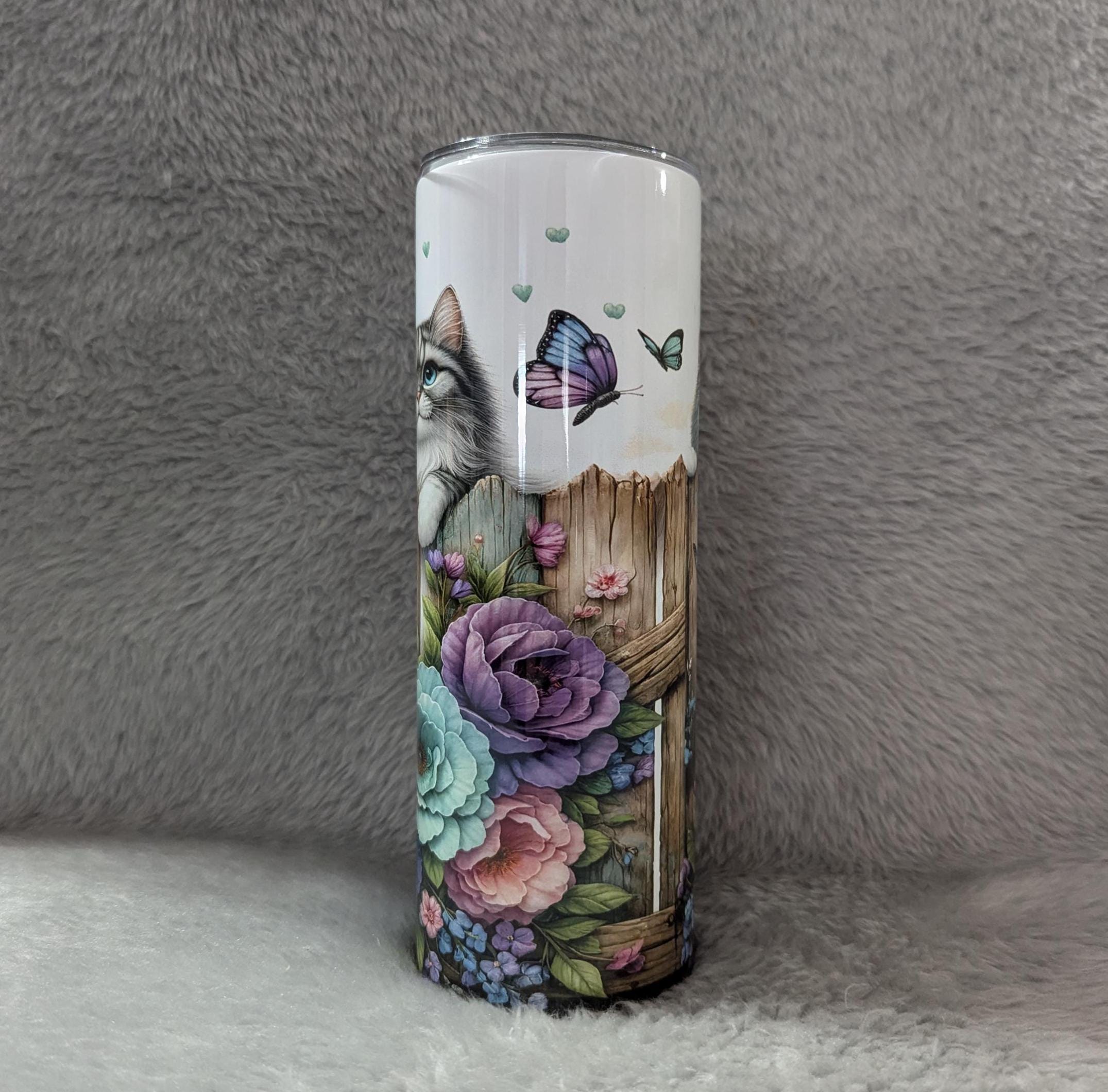 Kitten Tumbler With Cute Kittens Playing by a Fence 20oz With Reusable Straw, Can Be Personalized