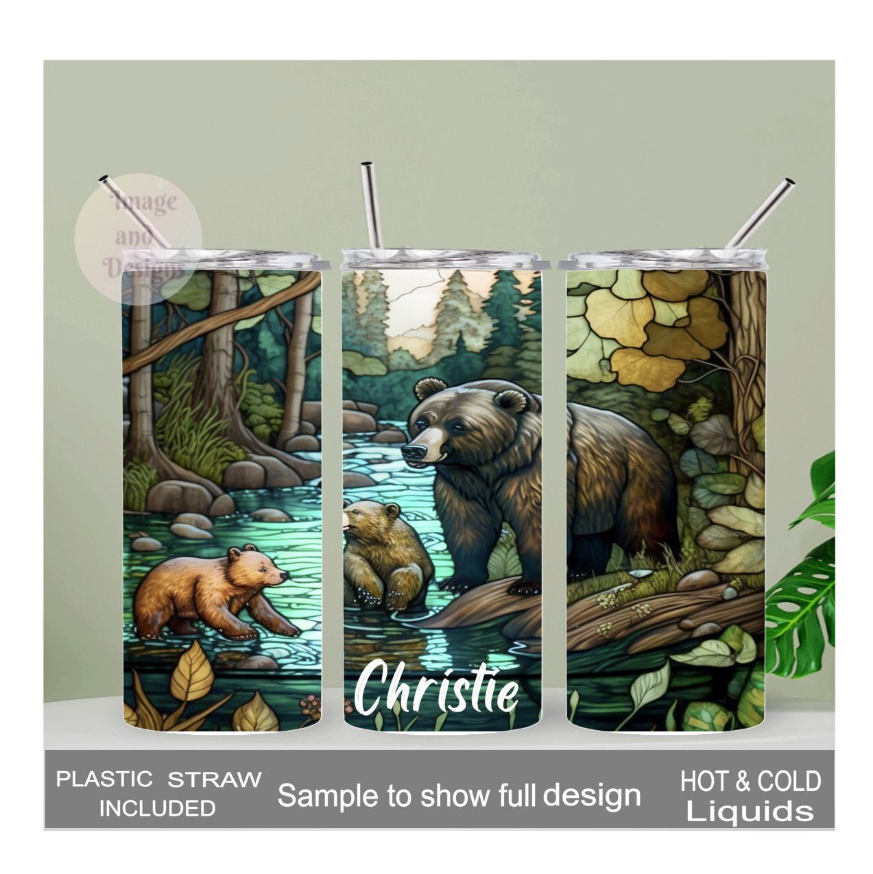 Bear Tumbler With A Stained Glass Design 20oz With Reusable Straw, Can Be Personalized