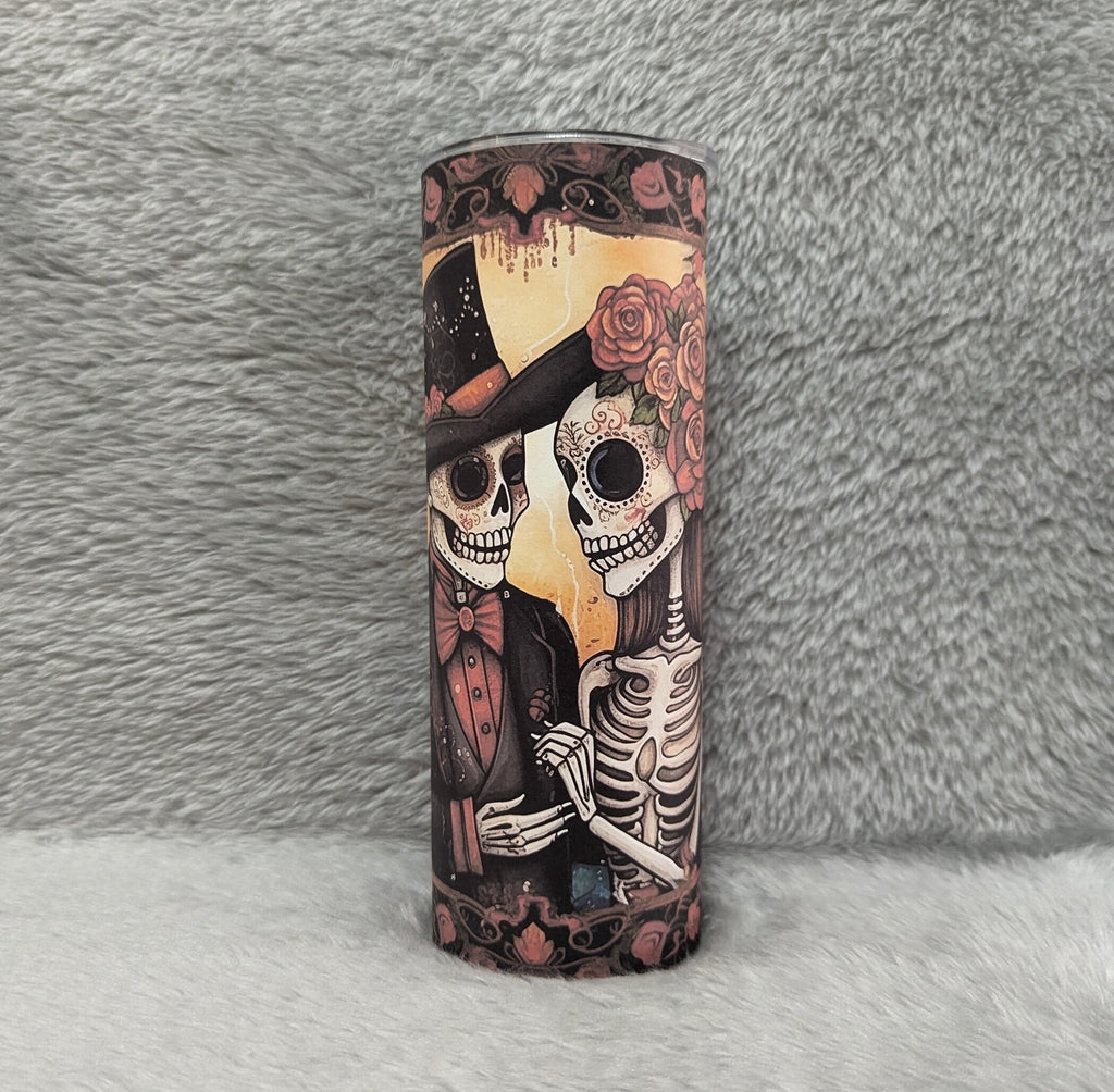 Skeleton Tumbler Featuring a Romantic Skeleton Couple and Flowers 20oz With Reusable Straw, Can Be Personalized
