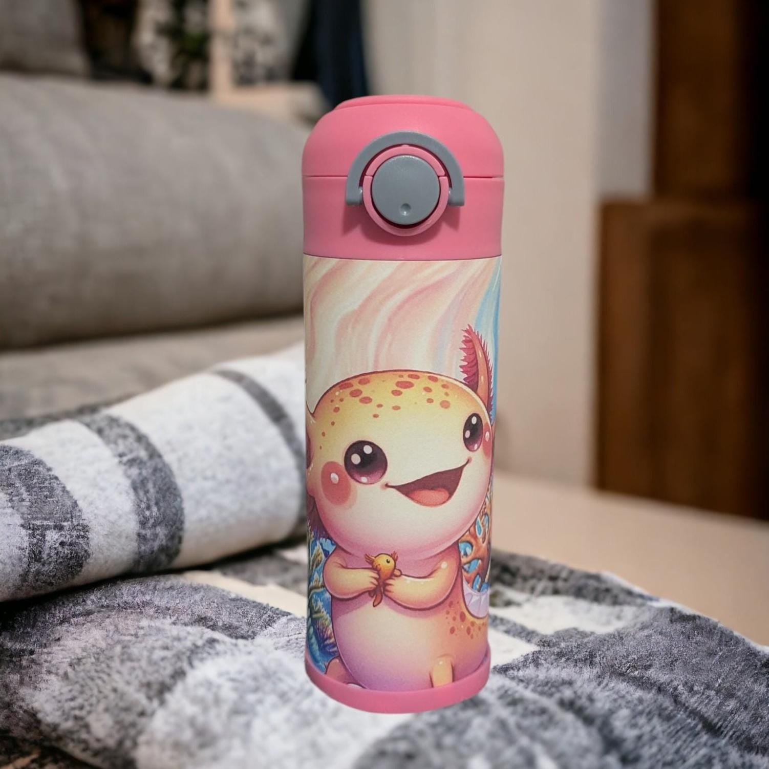 Kids Axolotl Water Bottle 12oz With Reusable Straw Can Also Be Personalized