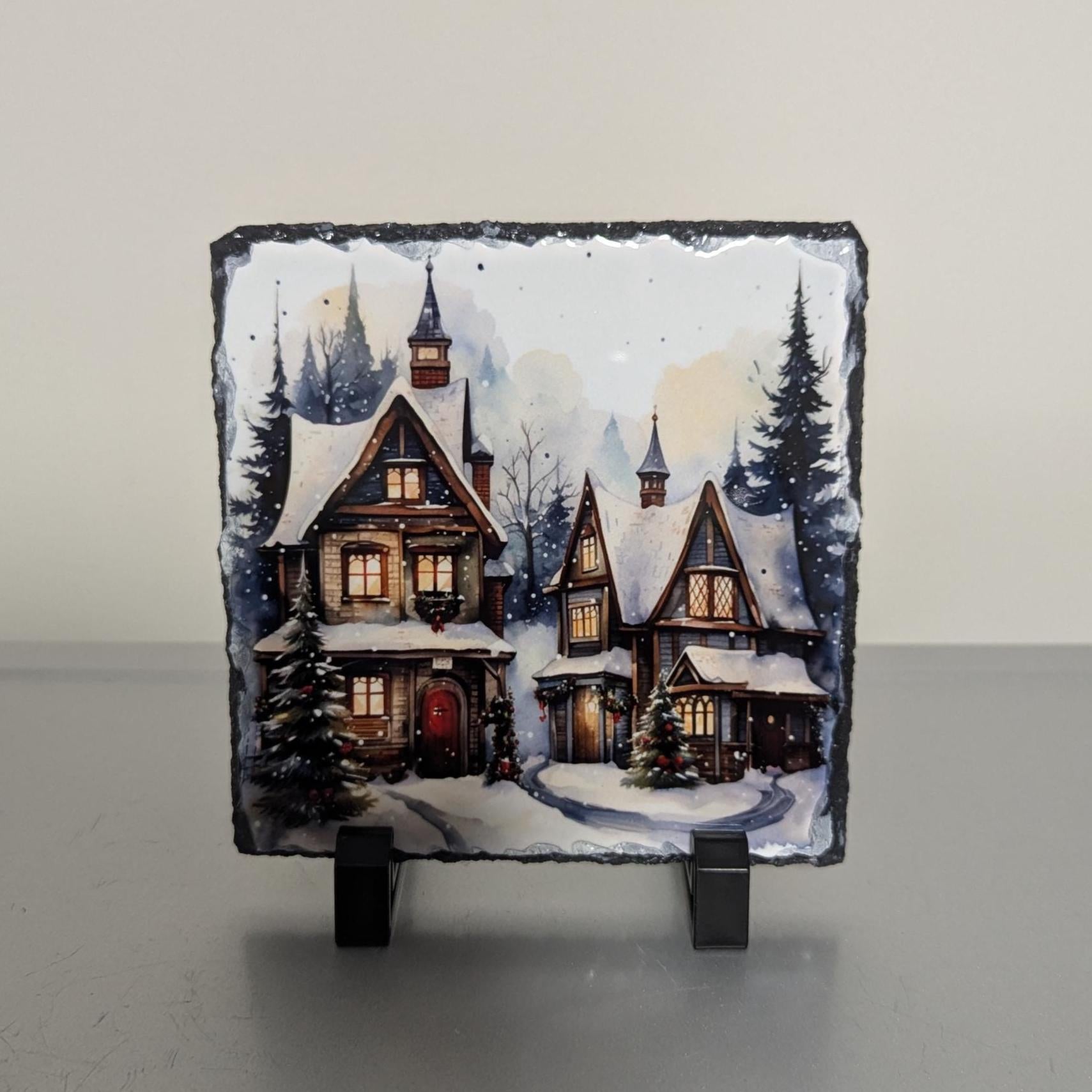 Festive Christmas Winter Scene Slate Picture With Display Legs