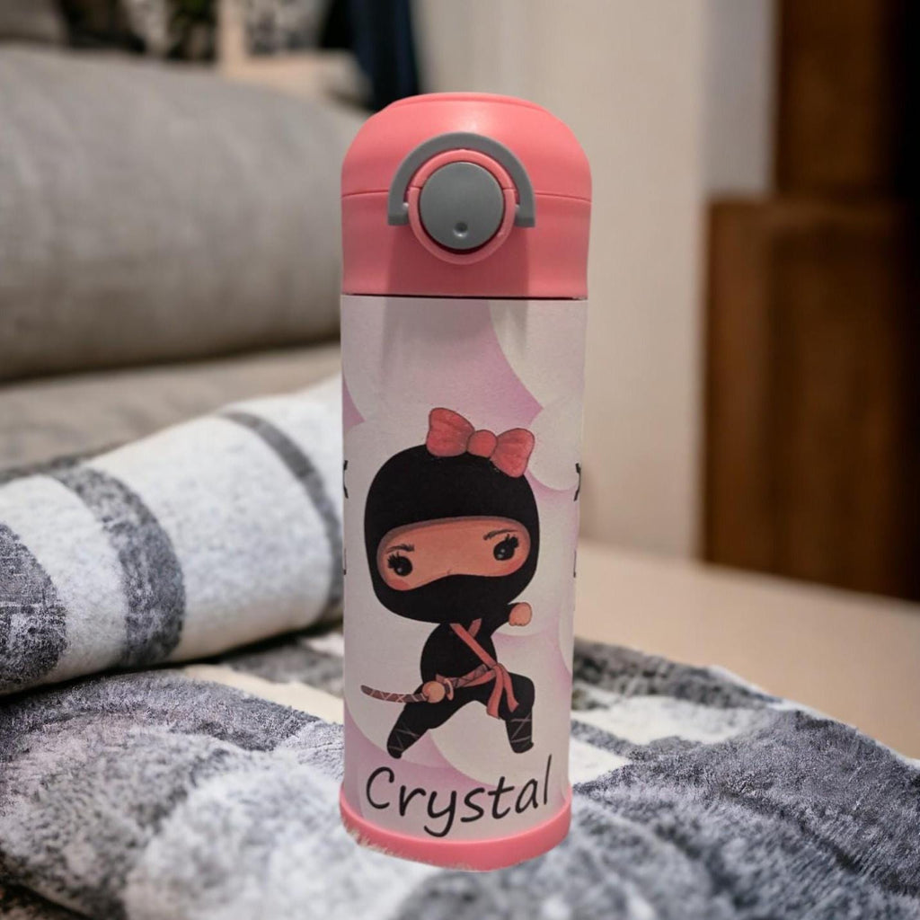 Kids Ninja Girl Water Bottle 12oz With Reusable Straw Can Be Personalized