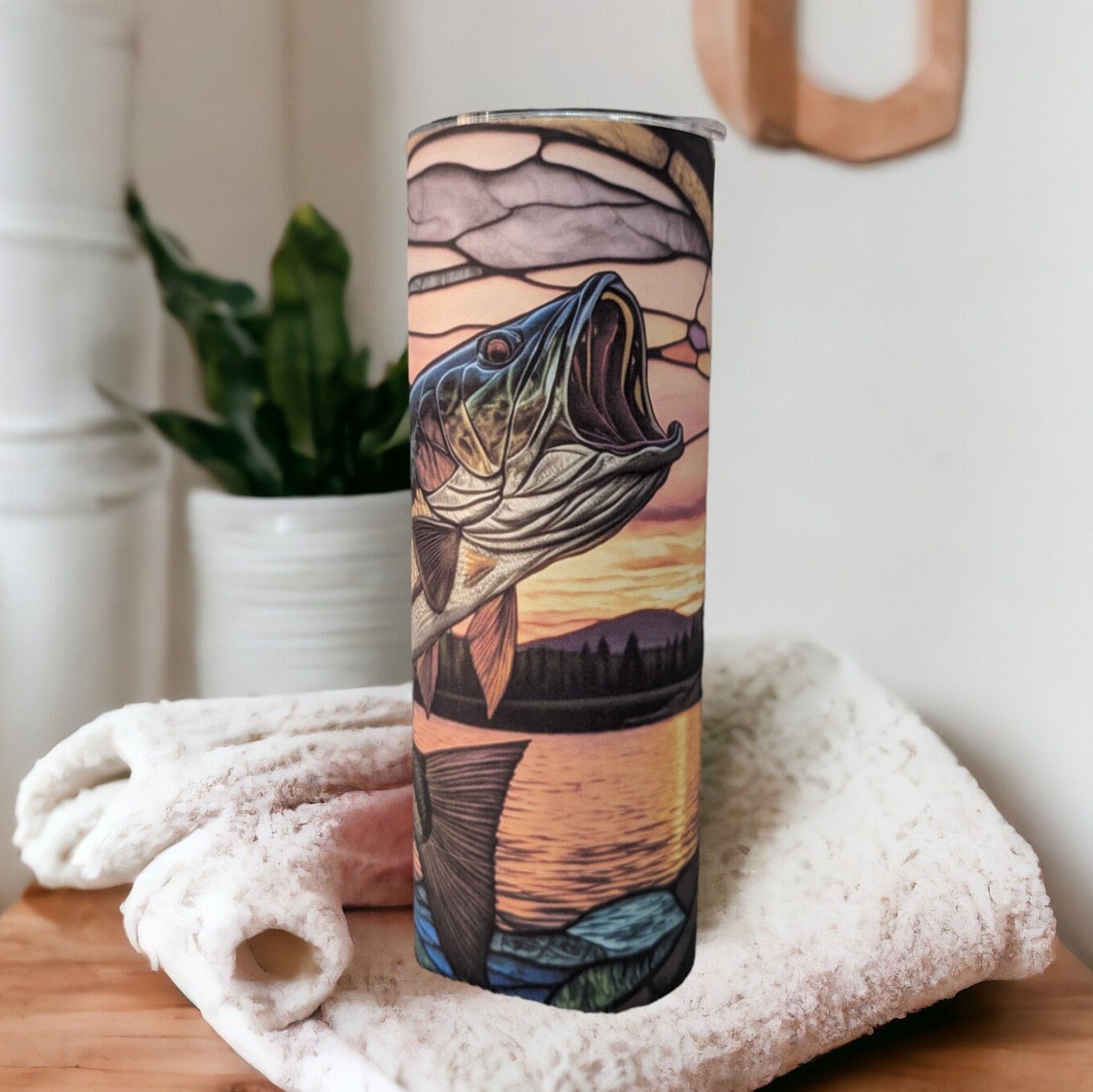 Stained Glass Design Fish Tumbler 20oz With Reusable Straw, Can Be Personalized