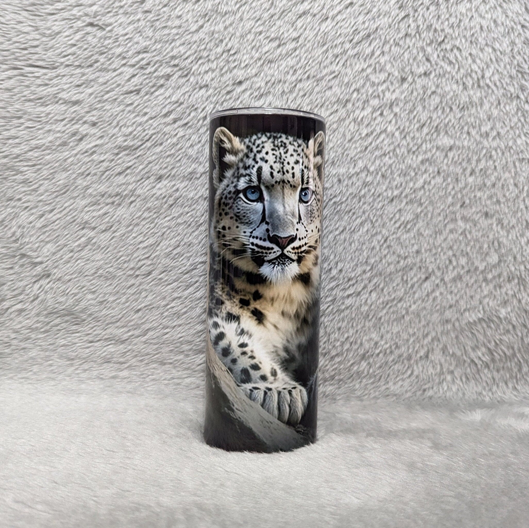 Snow Leopard Tumbler 20oz With Reusable Straw, Can Be Personalized