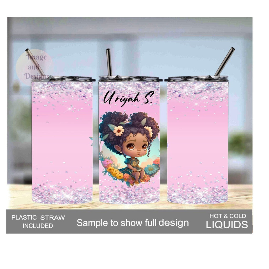 Little Girl With Pretty Flowers and A Glitter Design Tumbler 15oz With Reusable Straw, Can Be Personalized
