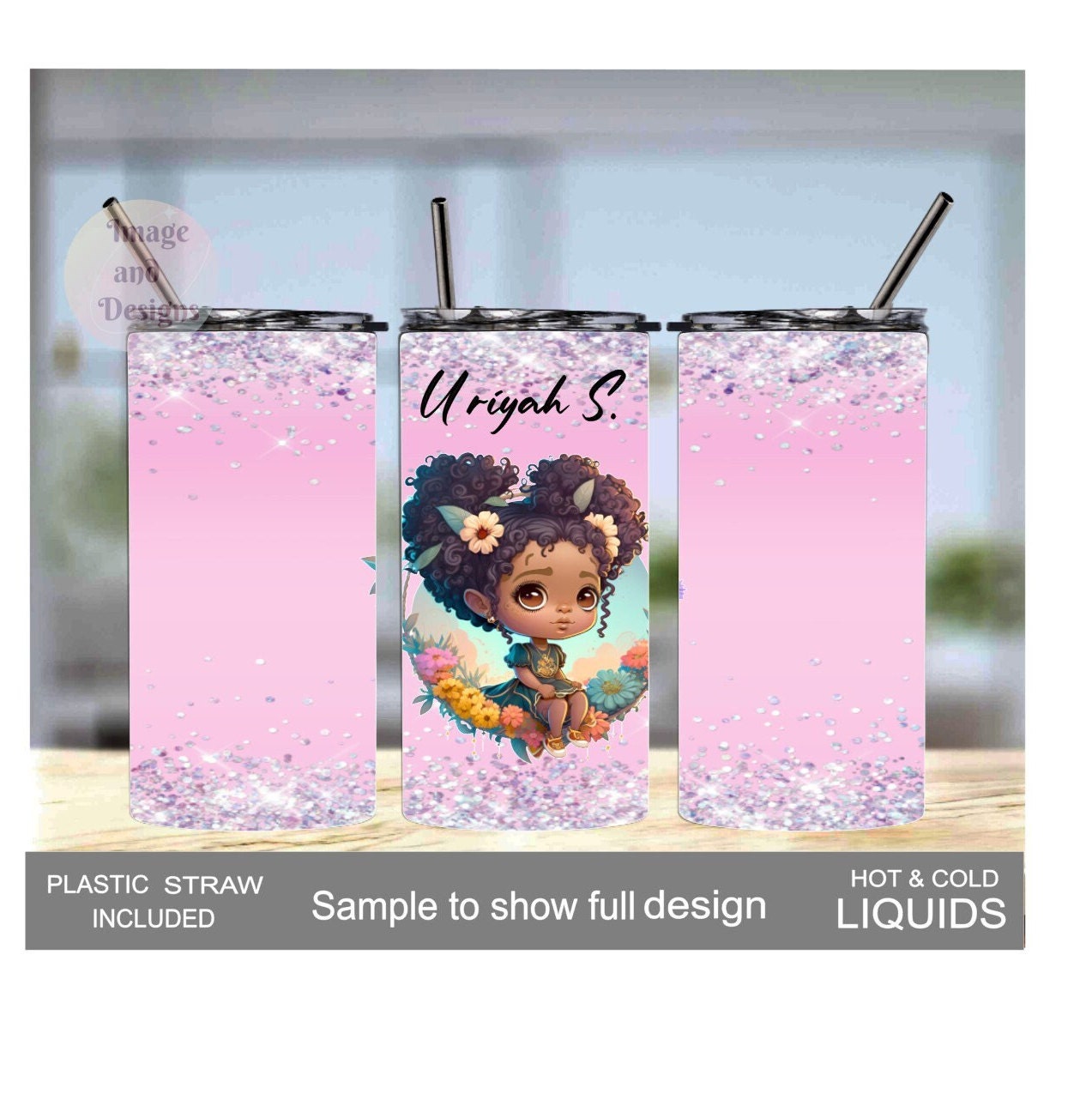 Little Girl With Pretty Flowers and A Glitter Design Tumbler 15oz With Reusable Straw, Can Be Personalized