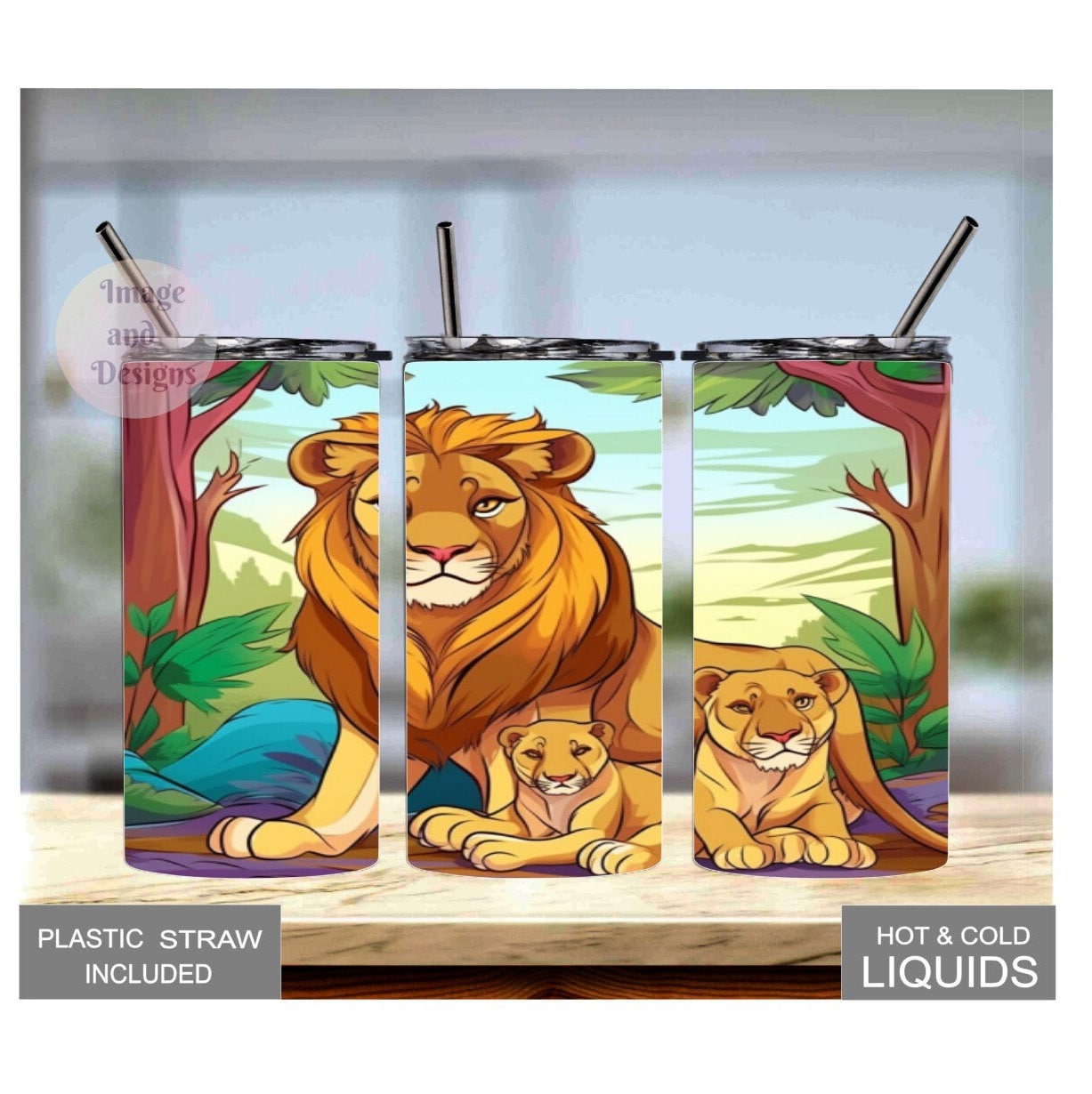 Kids Lion Tumbler 15oz With Reusable Straw, Can Be Personalized