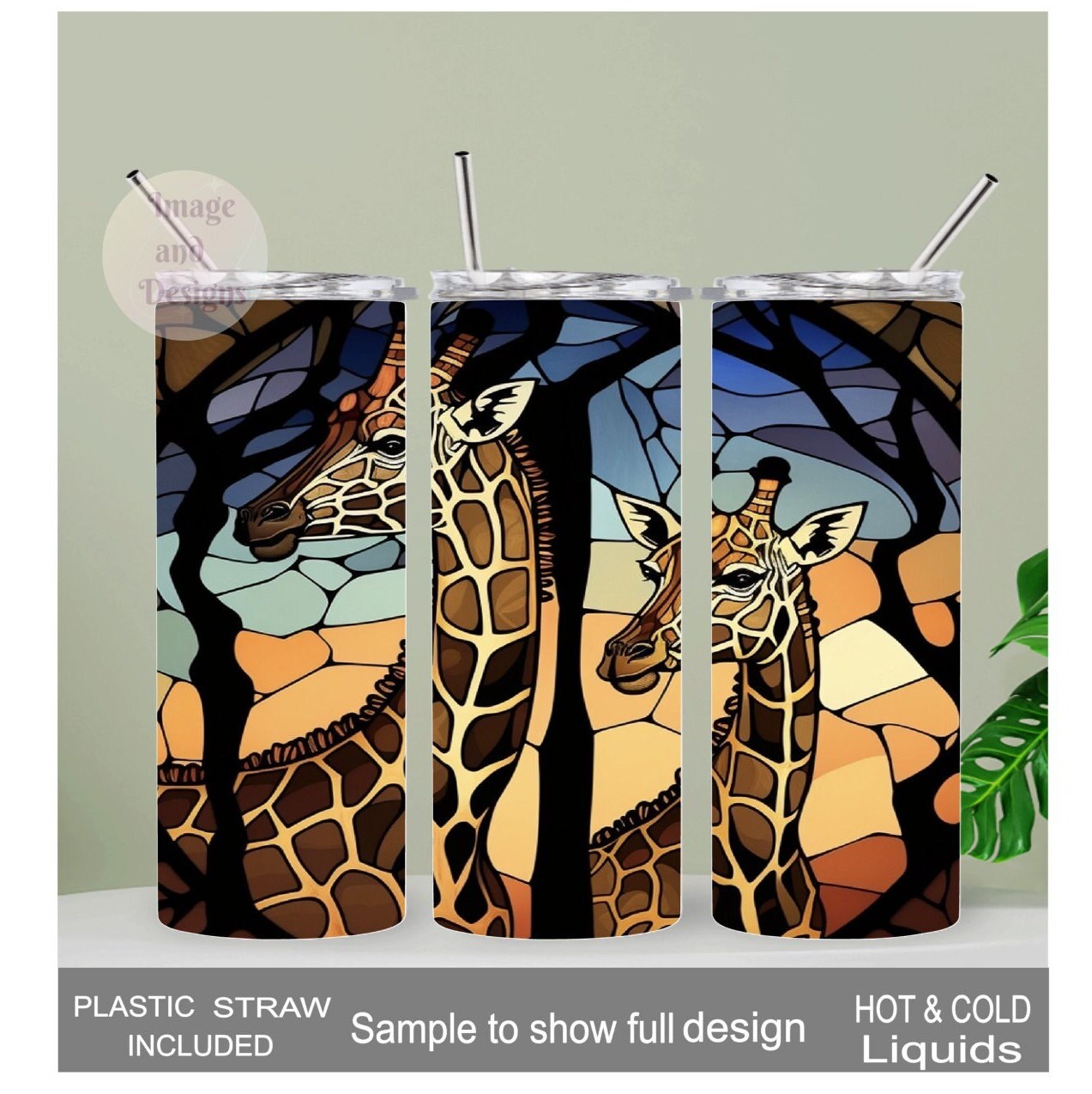 Giraffe Tumbler With A Stained Glass Design 20oz With Reusable Straw, Can Be Personalized