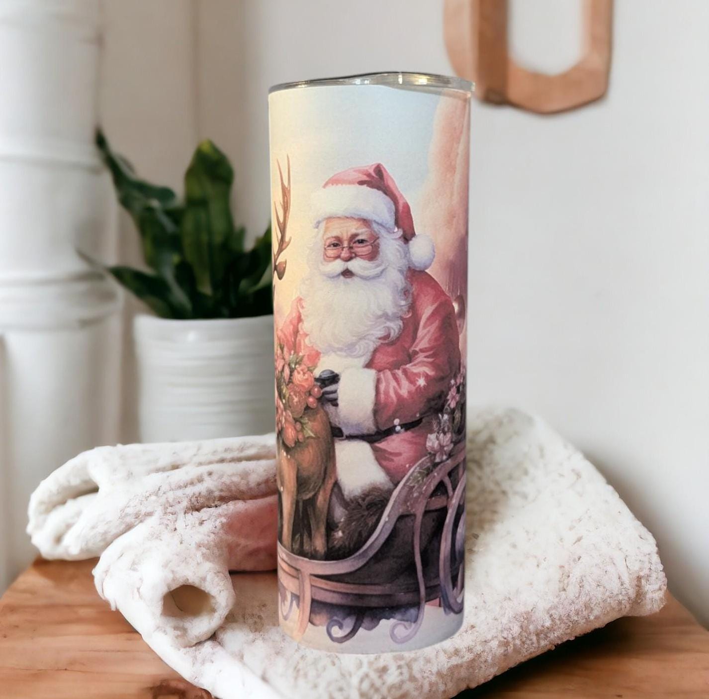 Pink Santa Christmas Tumbler 20oz With Reusable Straw, Can Be Personalized