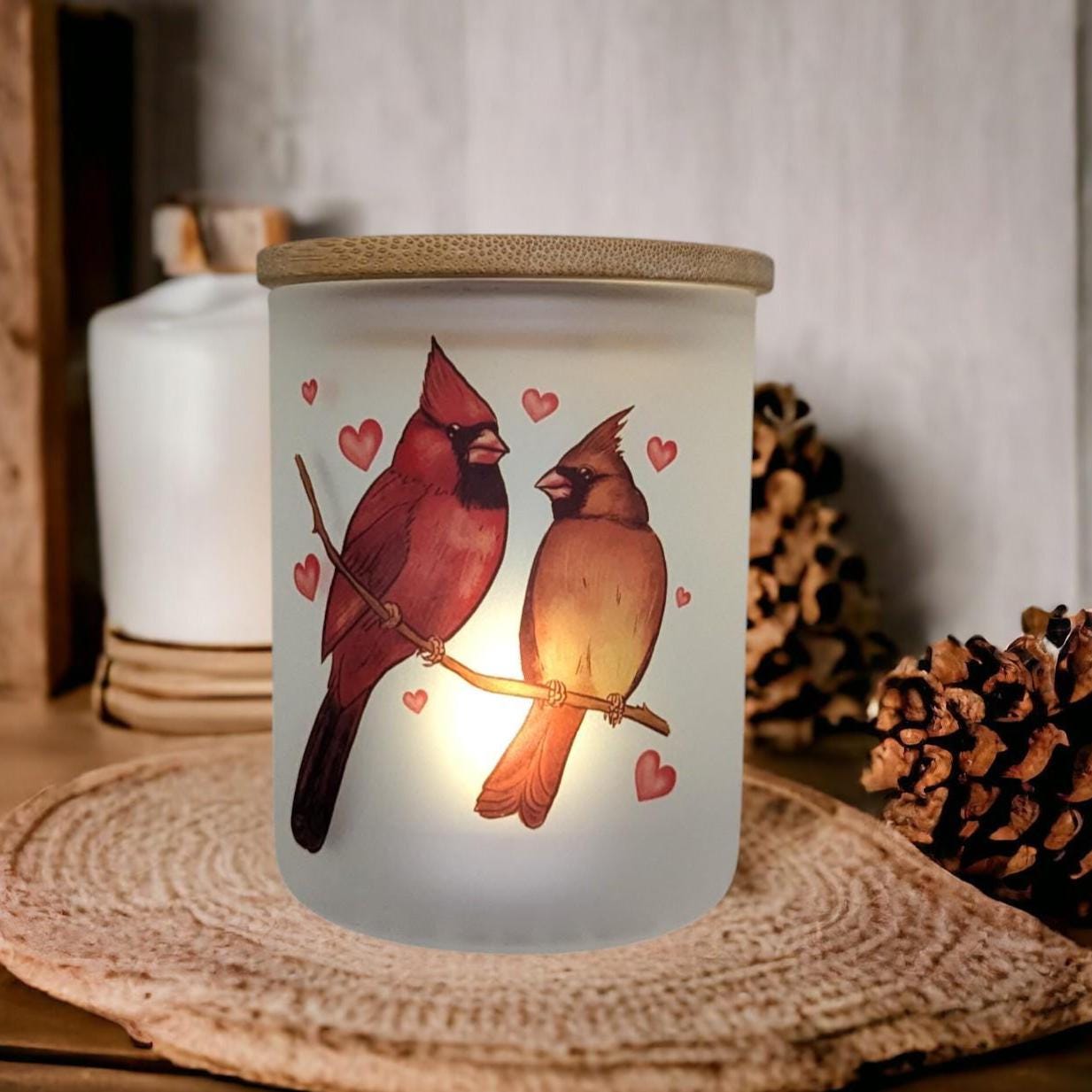 Cardinal Candle Holder With A Battery Operated Flickering Tea Light