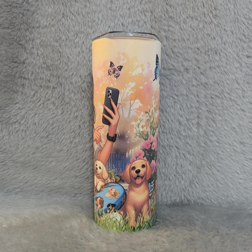 Cute Girl with Puppies Tumbler 20oz With Reusable Straw, Can Be Personalized