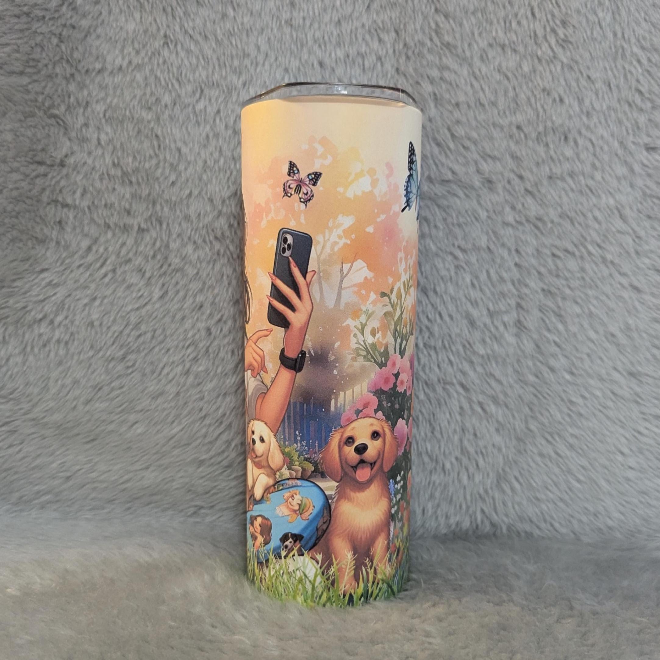 Cute Girl with Puppies Tumbler 20oz With Reusable Straw, Can Be Personalized