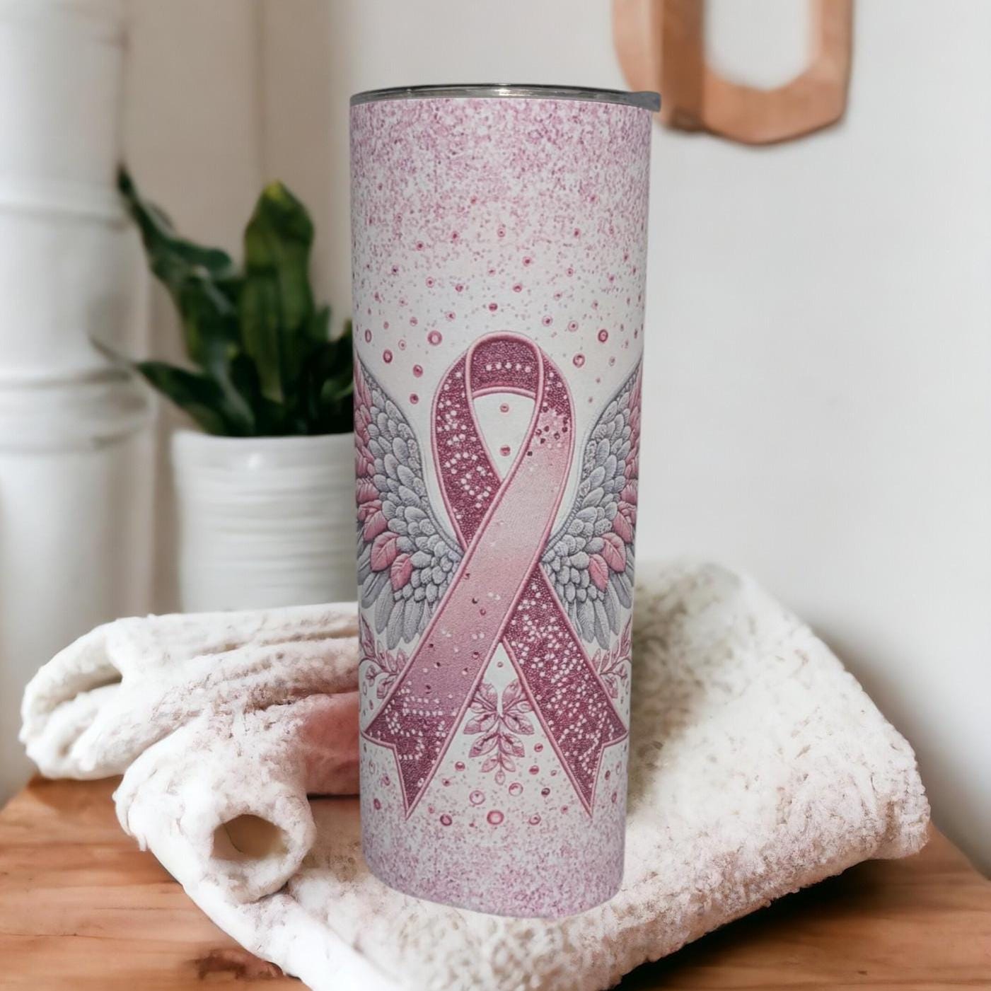 Pink Ribbon Cancer Awareness Tumbler 20oz With Reusable Straw, Can Be Personalized