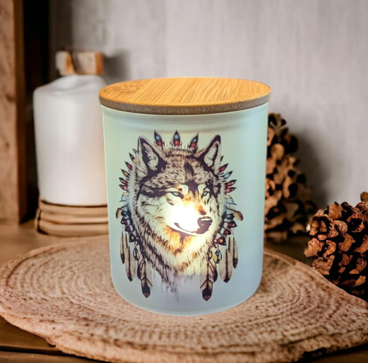 Wolf Dreamcatcher Candle Holder With A Battery Operated Flickering Tea Light