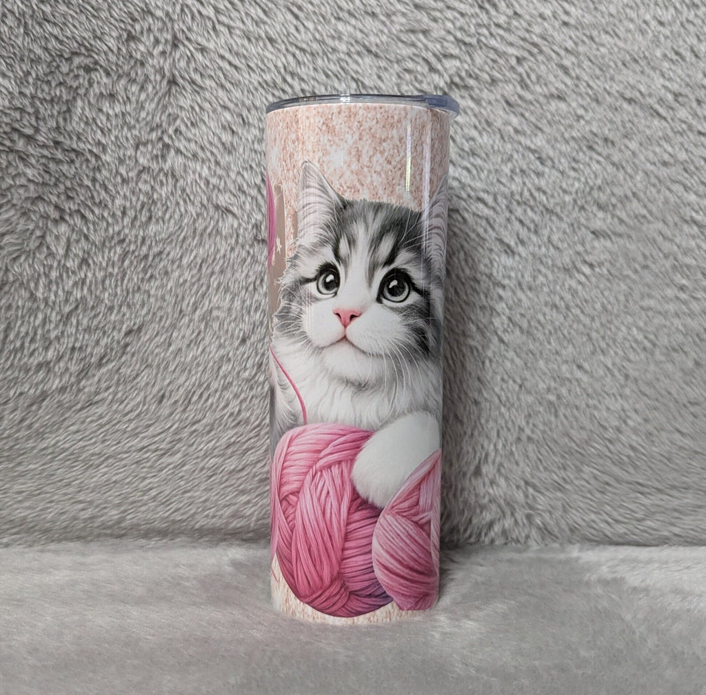 Playful Kitten Tumbler with A Glitter Design 20oz With Reusable Straw, Can Be Personalized