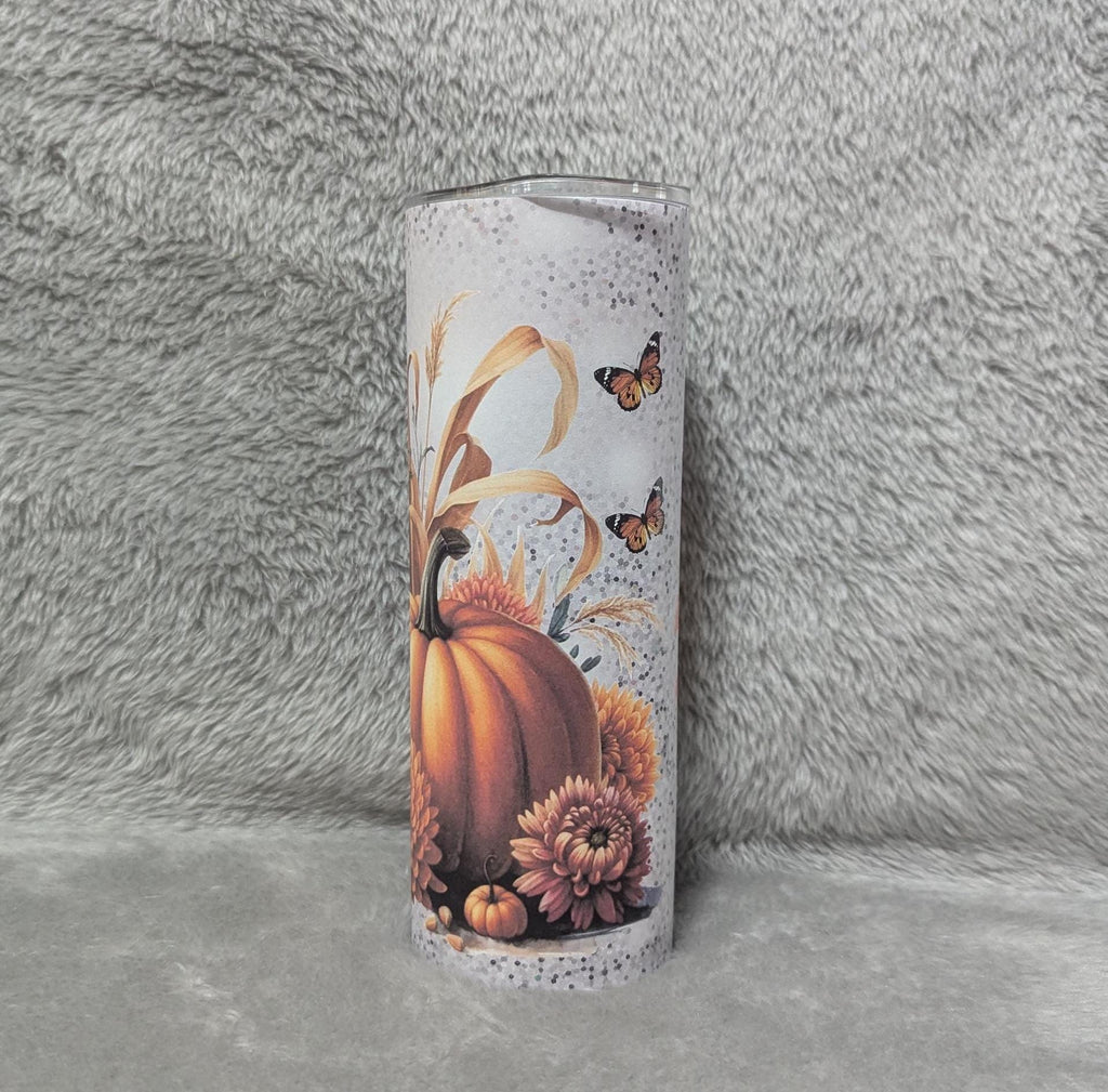 Floral Pumpkin Tumbler 20oz With Reusable Straw, Can Be Personalized