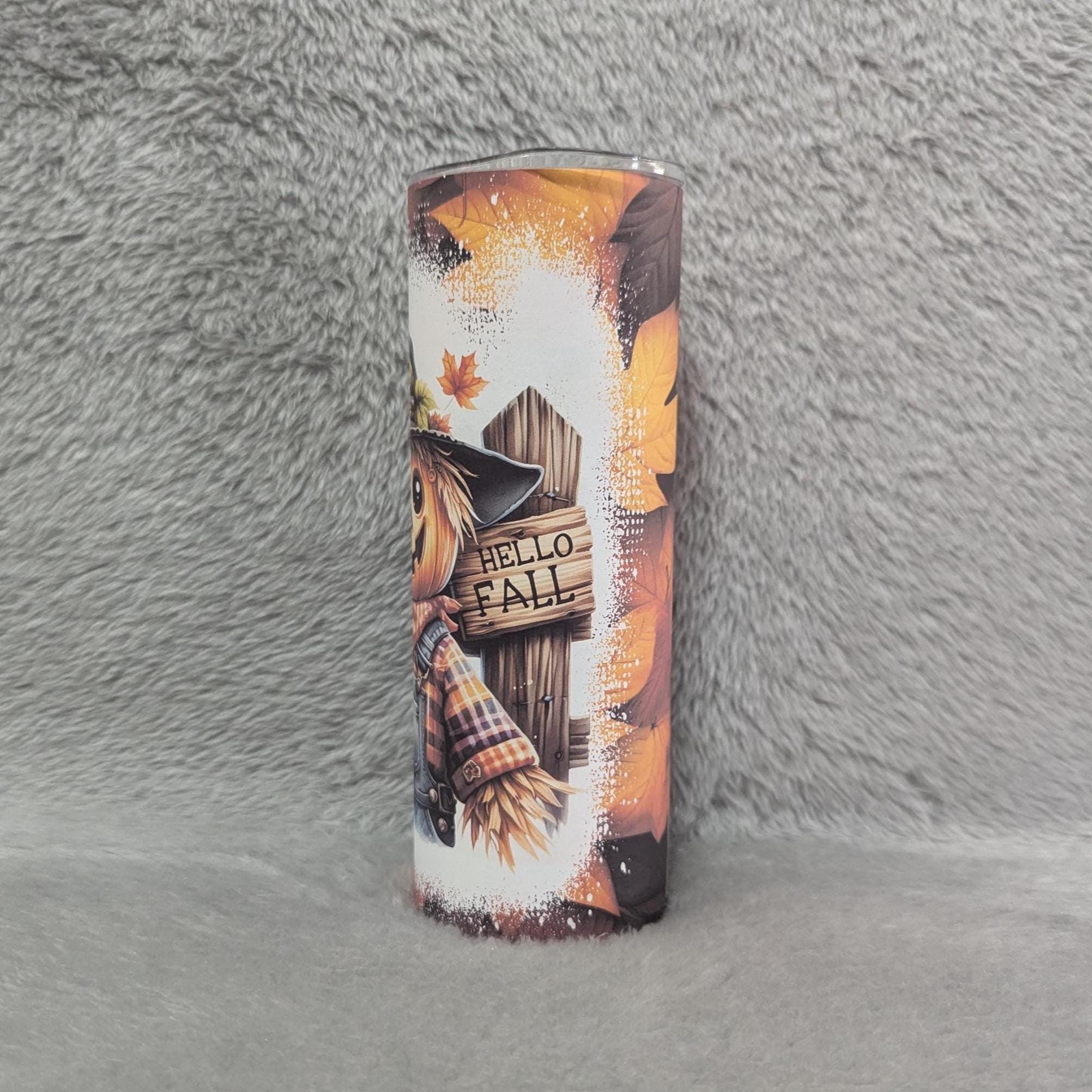 Scarecrow Tumbler With A Hello Fall Sign 20oz With Reusable Straw, Can Be Personalized