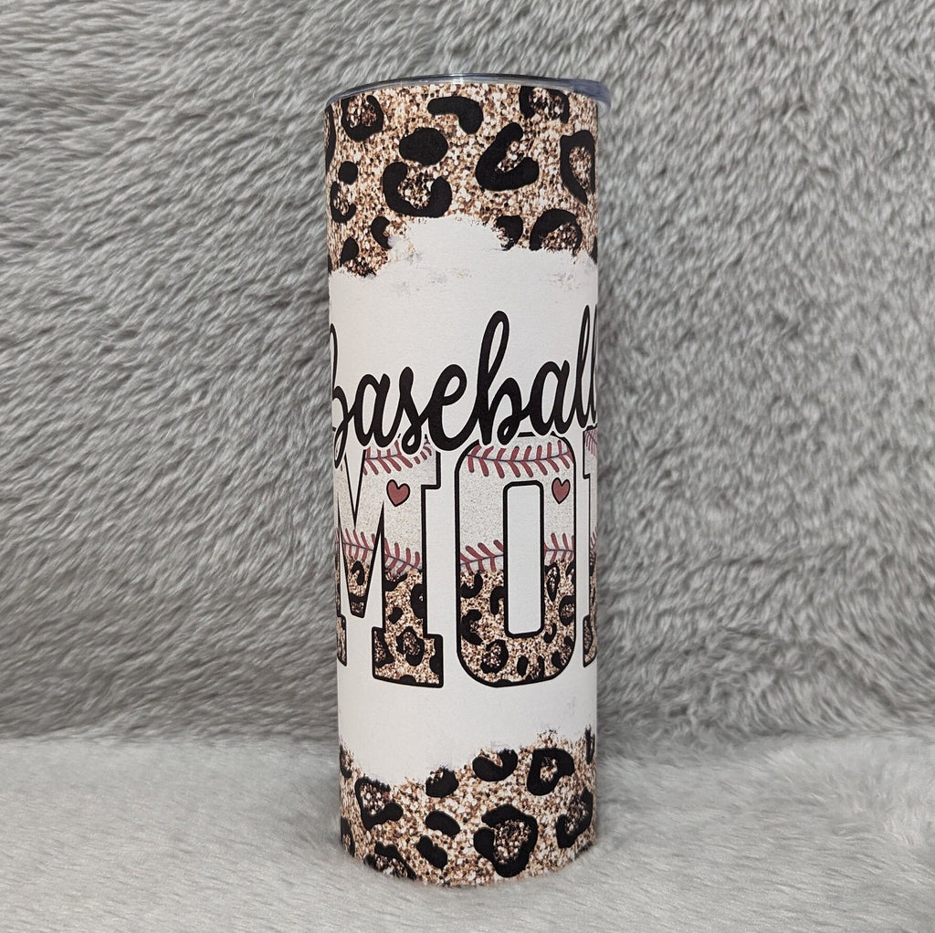 Baseball Mom Tumbler with Leopard Print and A Glitter  Design 20oz With Reusable Straw