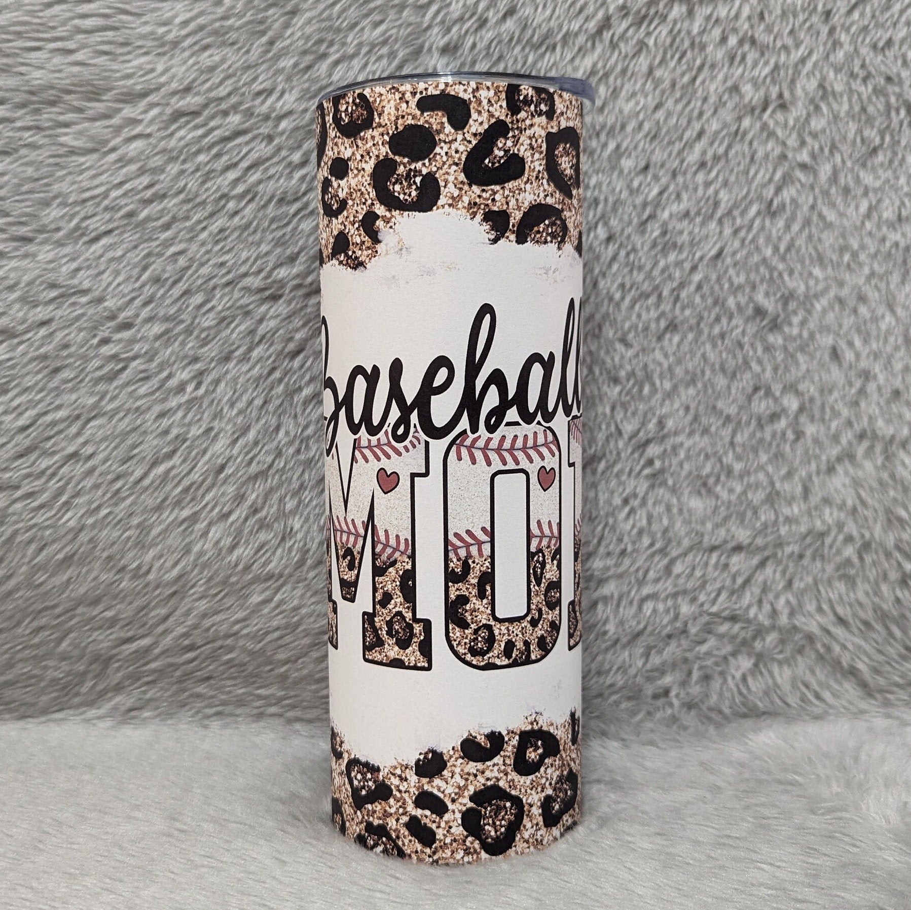 Baseball Mom Tumbler with Leopard Print and A Glitter  Design 20oz With Reusable Straw