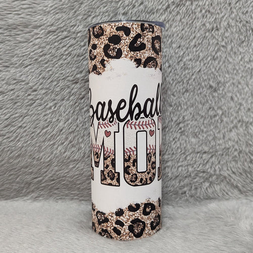 Baseball Mom Tumbler with Leopard Print and A Glitter  Design 20oz With Reusable Straw