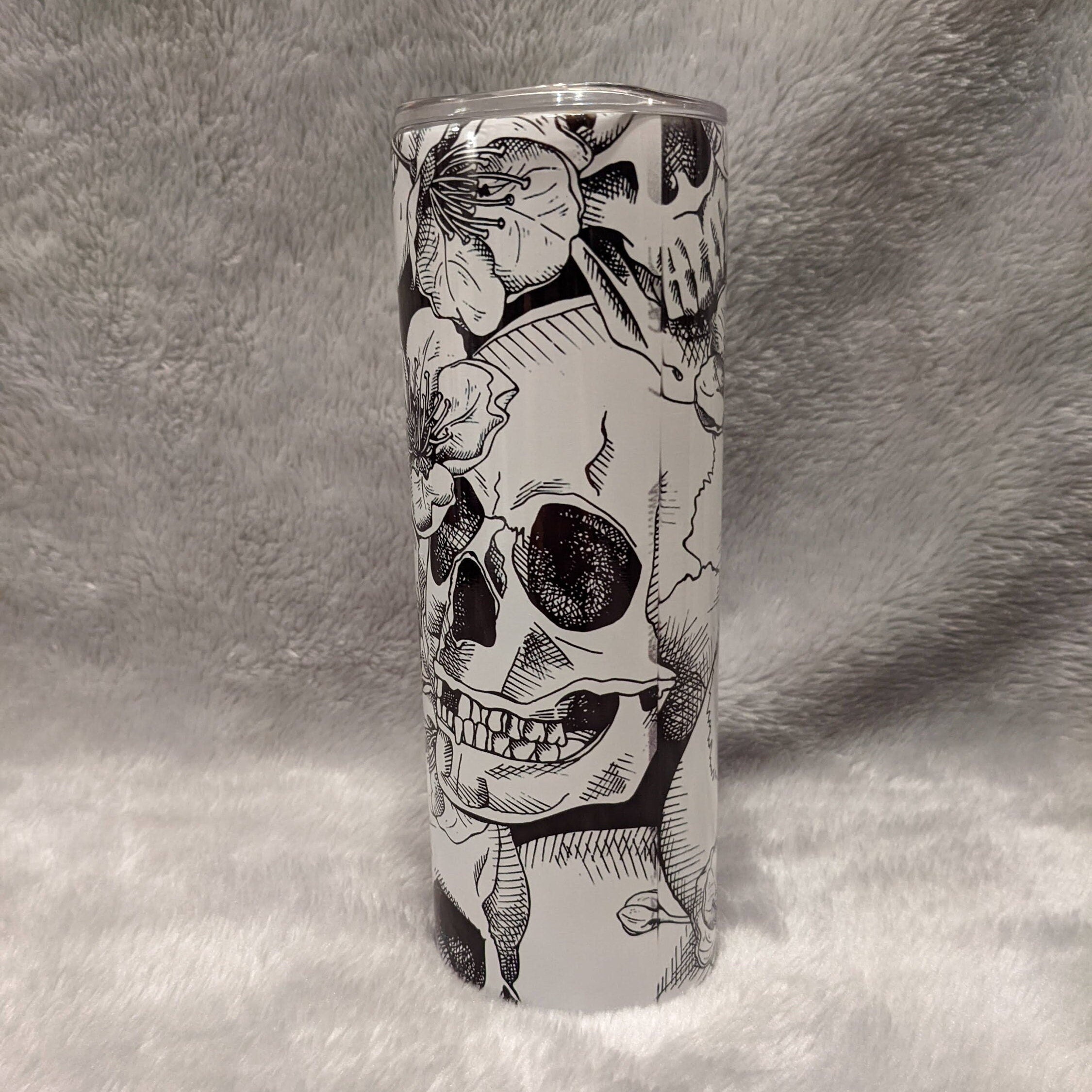 Stylish Black and White Skull Tumbler 20oz With Reusable Straw