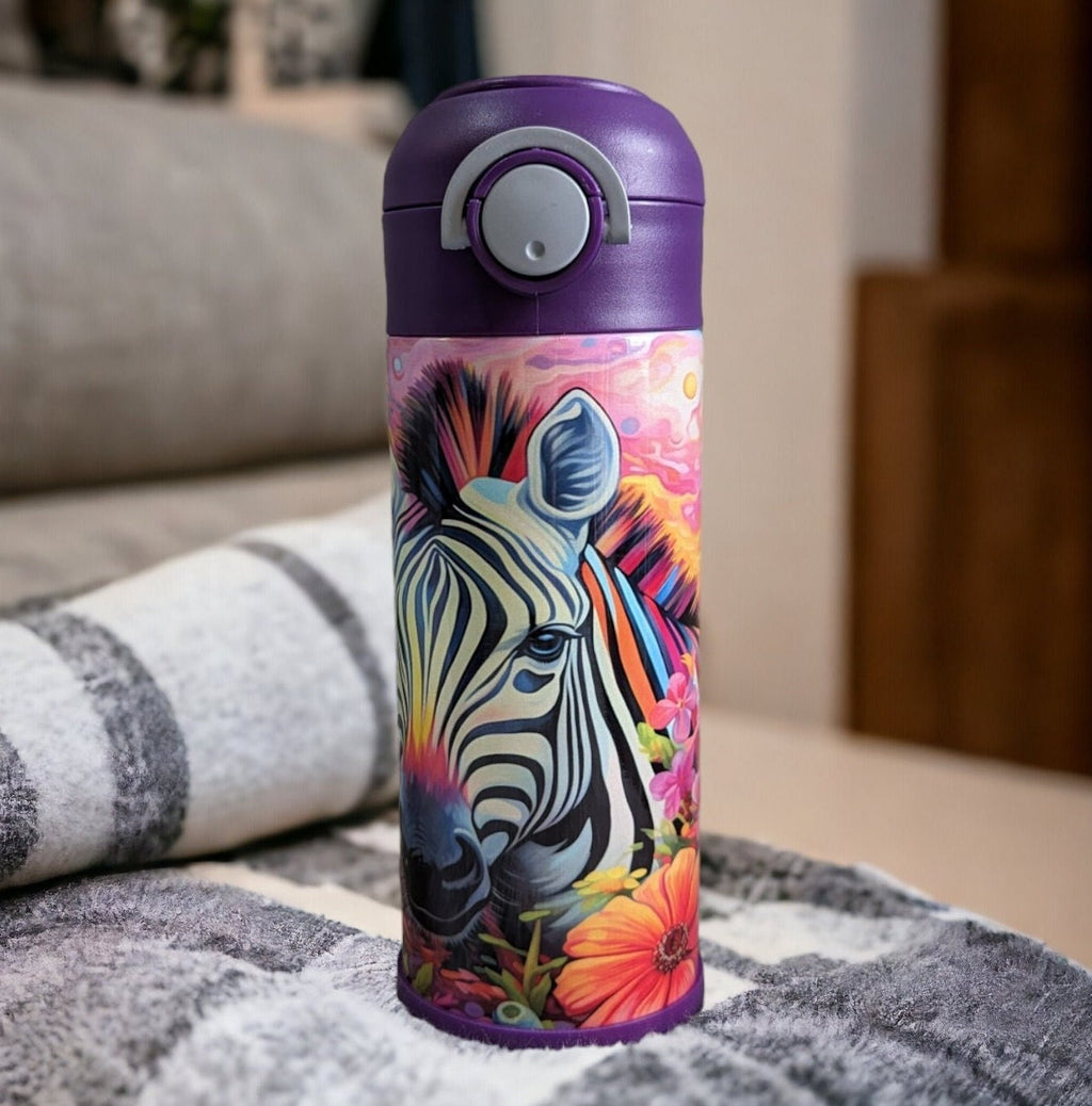 Kids Zebra Water Bottle 12oz With Reusable Straw Can Be Personalized