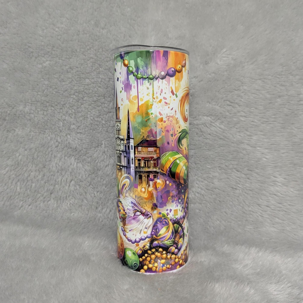 Mardi Gras Tumbler 20oz With Reusable Straw, Can Be Personalized
