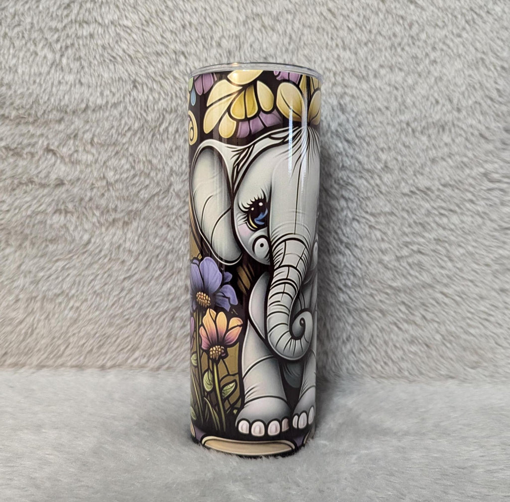 Adorable Baby Elephant Tumbler with Stained Glass Design 20oz With Reusable Straw, Can Be Personalized