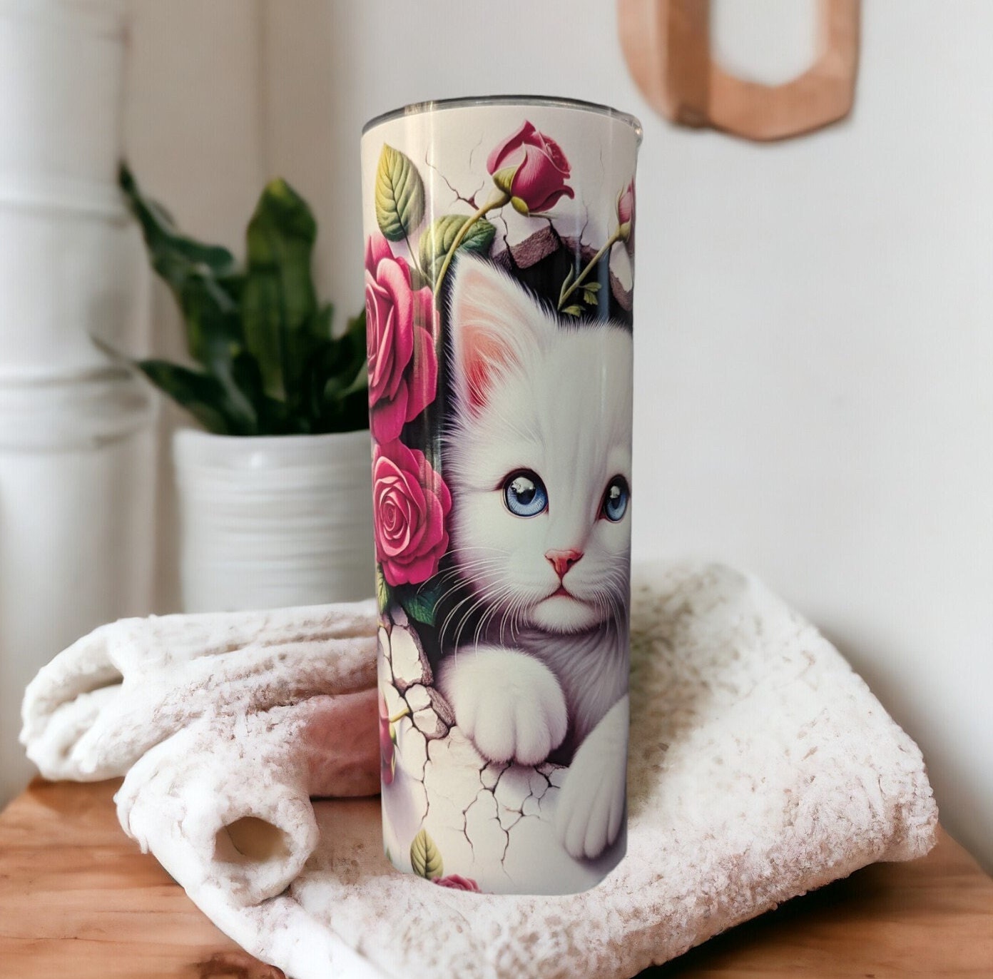 White Kitten Tumbler with Red Roses  20oz With Reusable Straw, Can Be Personalized