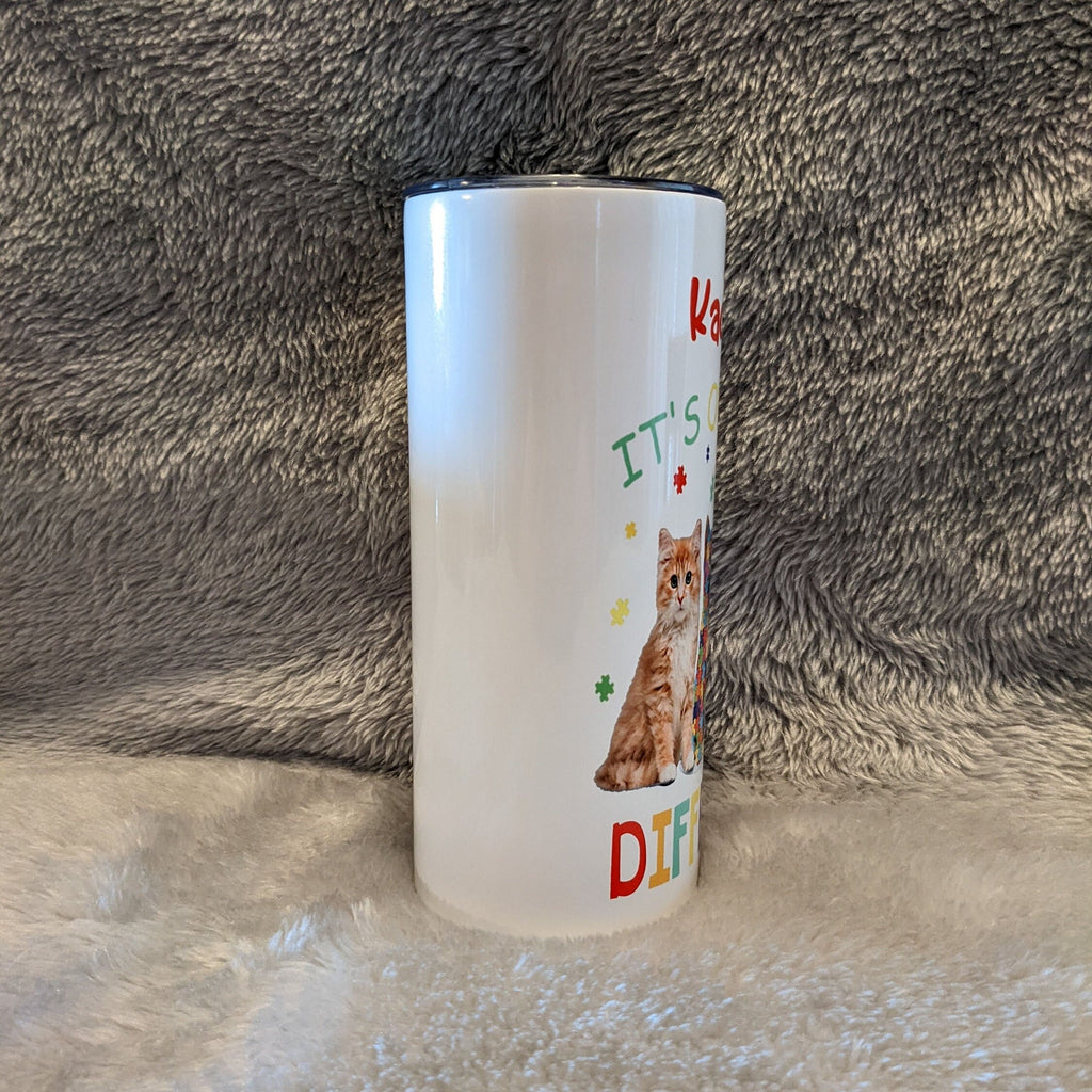Kids Kitten Autism Tumbler, It's Okay To Be Different 15oz With Reusable Straw, Can Be Personalized
