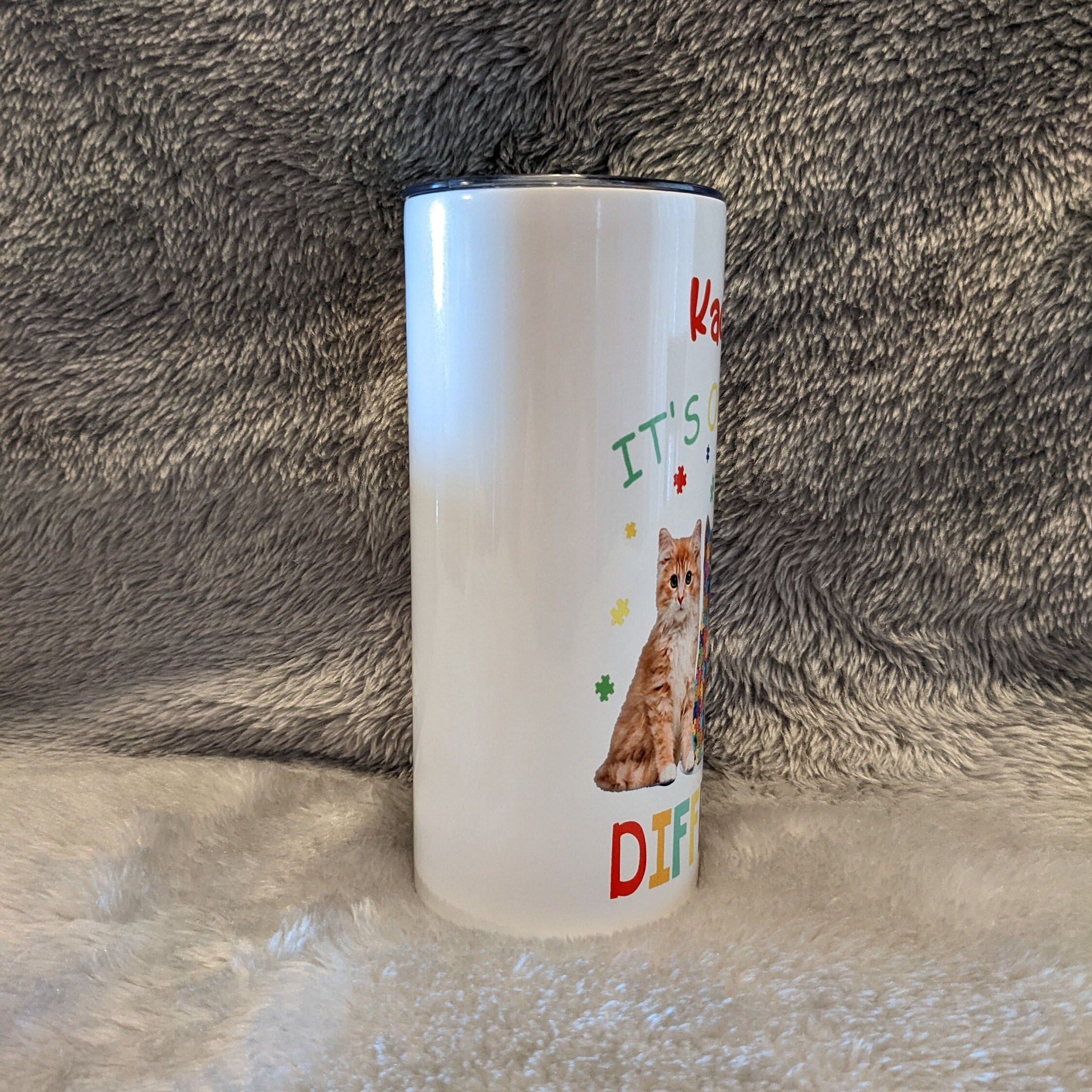Kids Kitten Autism Tumbler, It's Okay To Be Different 15oz With Reusable Straw, Can Be Personalized