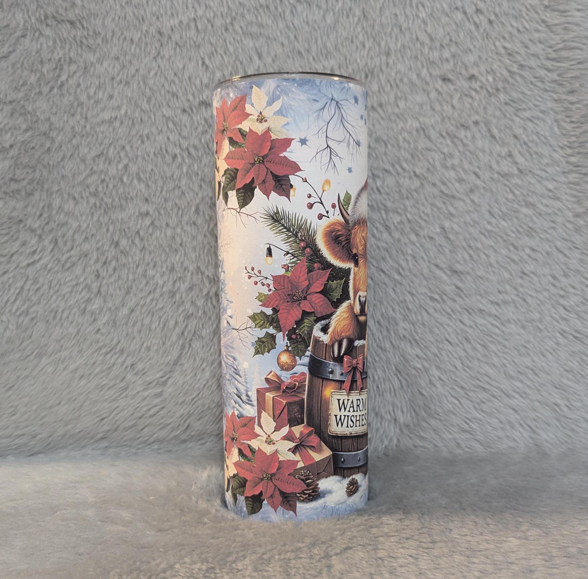 Christmas Highland Cow Tumbler 20oz With Reusable Straw, Can Be Personalized