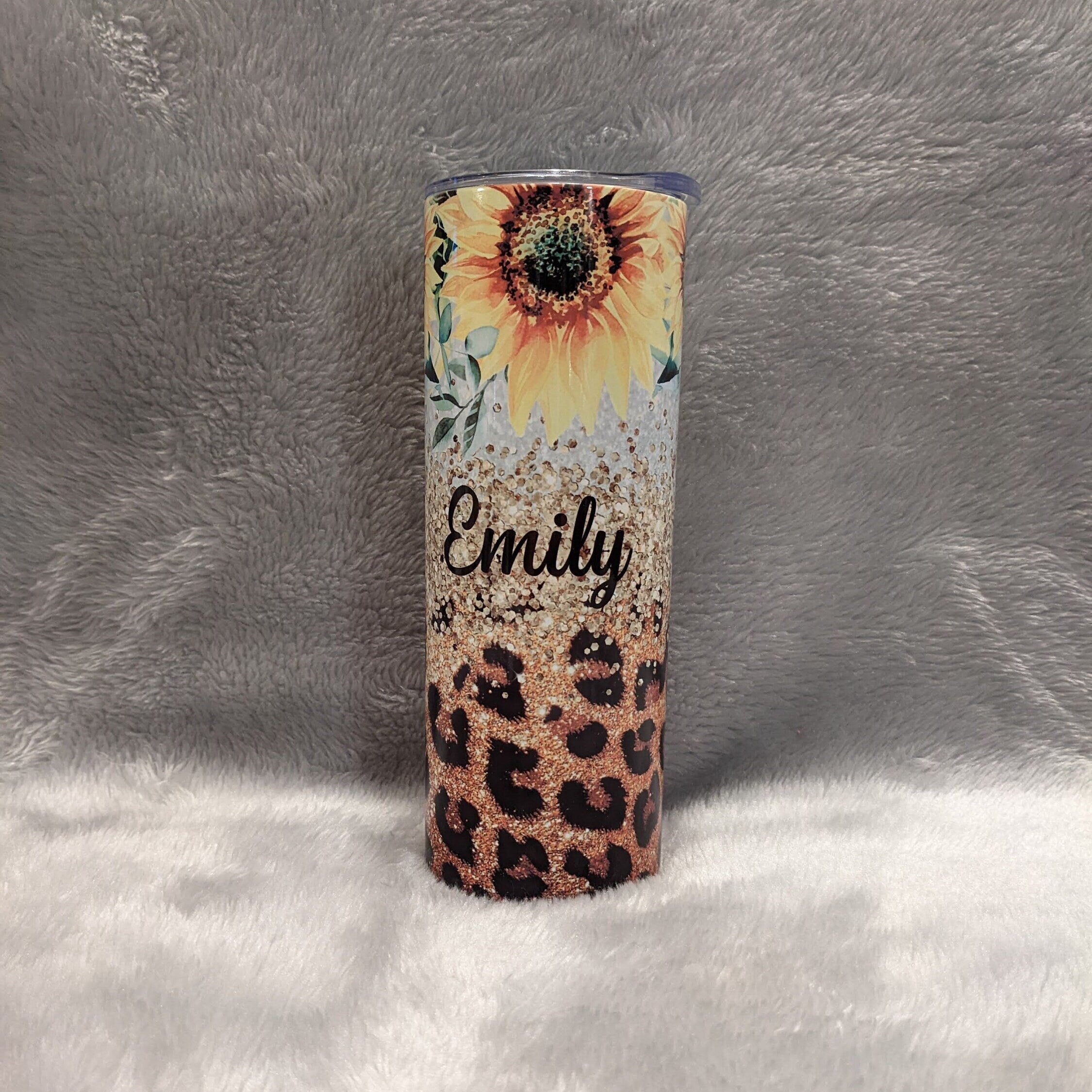 Sunflower Tumbler With Sunflowers Glitter Design and Leopard Print 20oz With Reusable Straw, Can Be Personalized