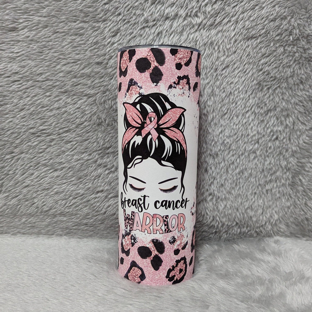 Breast Cancer Warrior Tumbler With Leopard Print and A Glitter Design 20oz With Reusable Straw, Can Be Personalized
