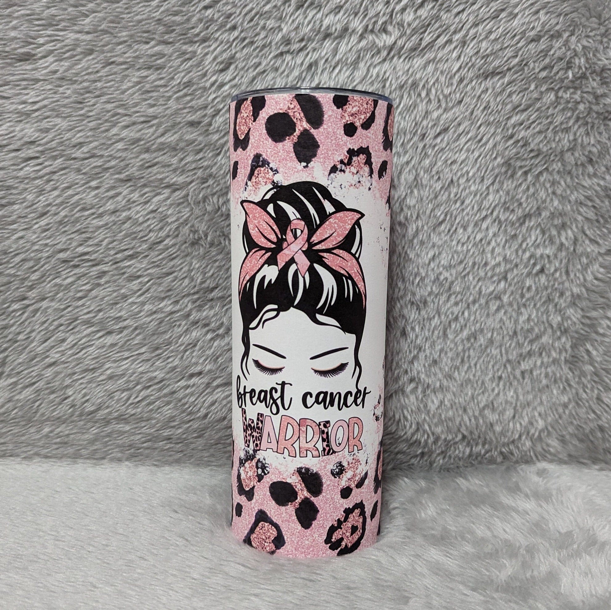 Breast Cancer Warrior Tumbler With Leopard Print and A Glitter Design 20oz With Reusable Straw, Can Be Personalized