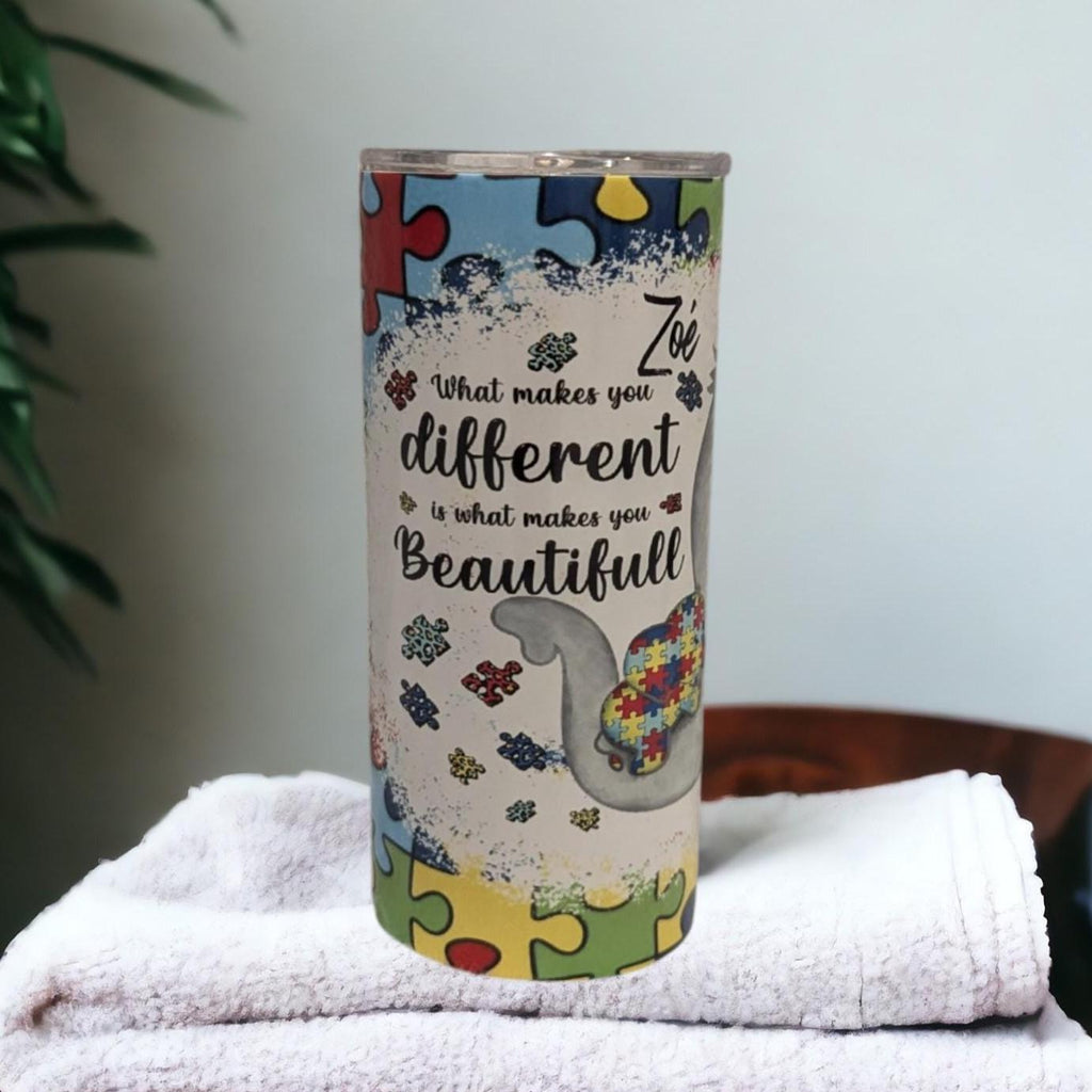 Autism Tumbler With A Cute Elephant 15oz With Reusable Straw, Can Be Personalized