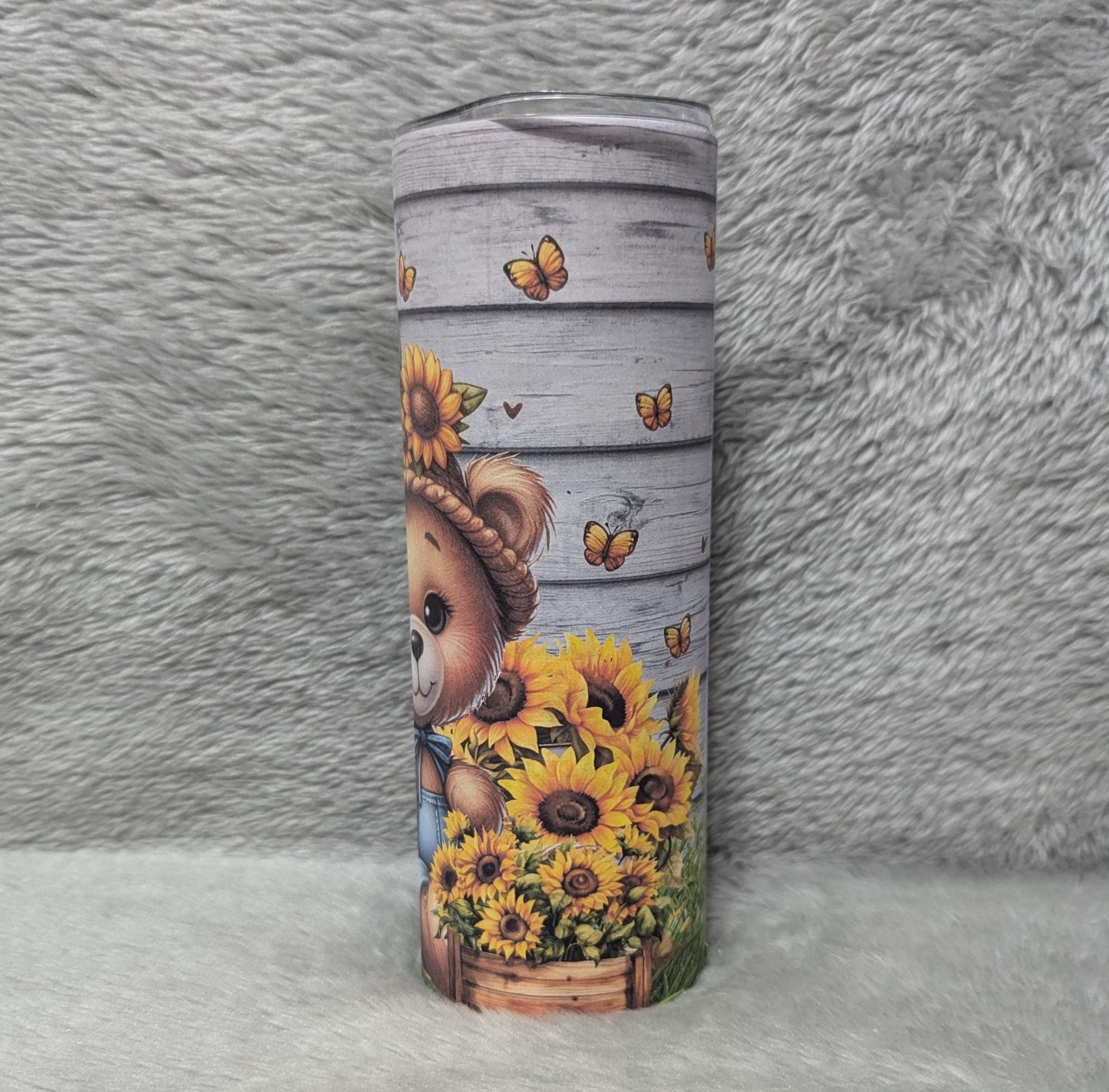 Sunflower Bear Tumbler 20oz With Reusable Straw, Can Be Personalized