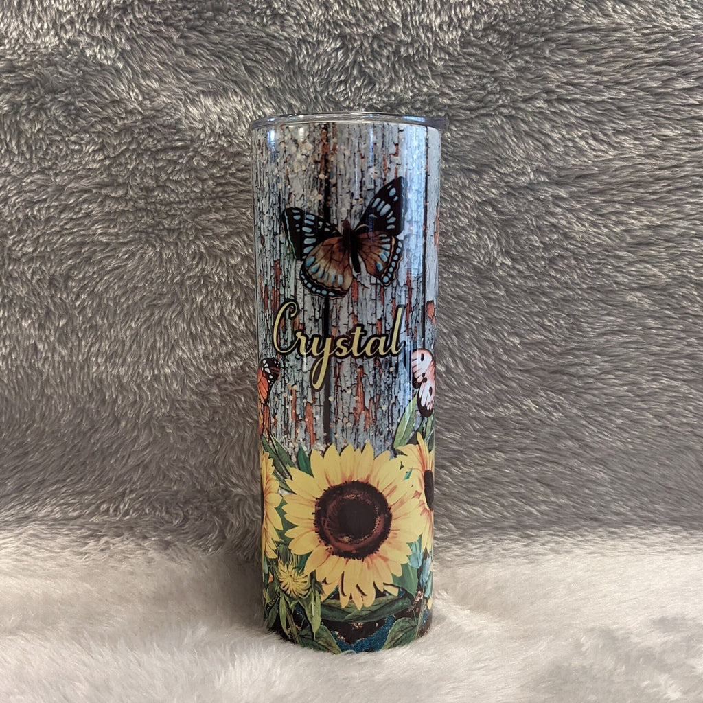 Butterflies and Sunflowers Tumbler 20oz With Reusable Straw, Can Be Personalized