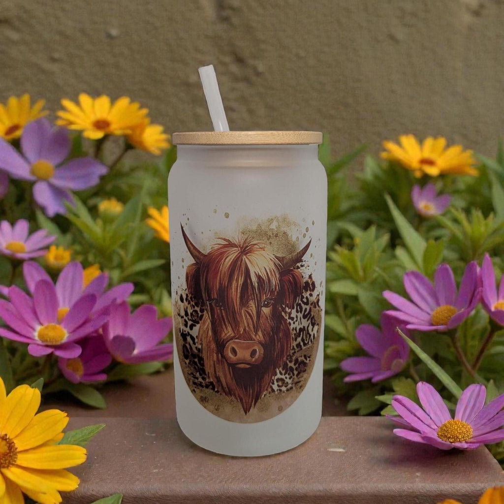 16oz Frosted Highland Cow Glass with A Leopard Print - Bamboo Lid & Reusable Straw