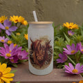 16oz Frosted Highland Cow Glass with A Leopard Print - Bamboo Lid & Reusable Straw