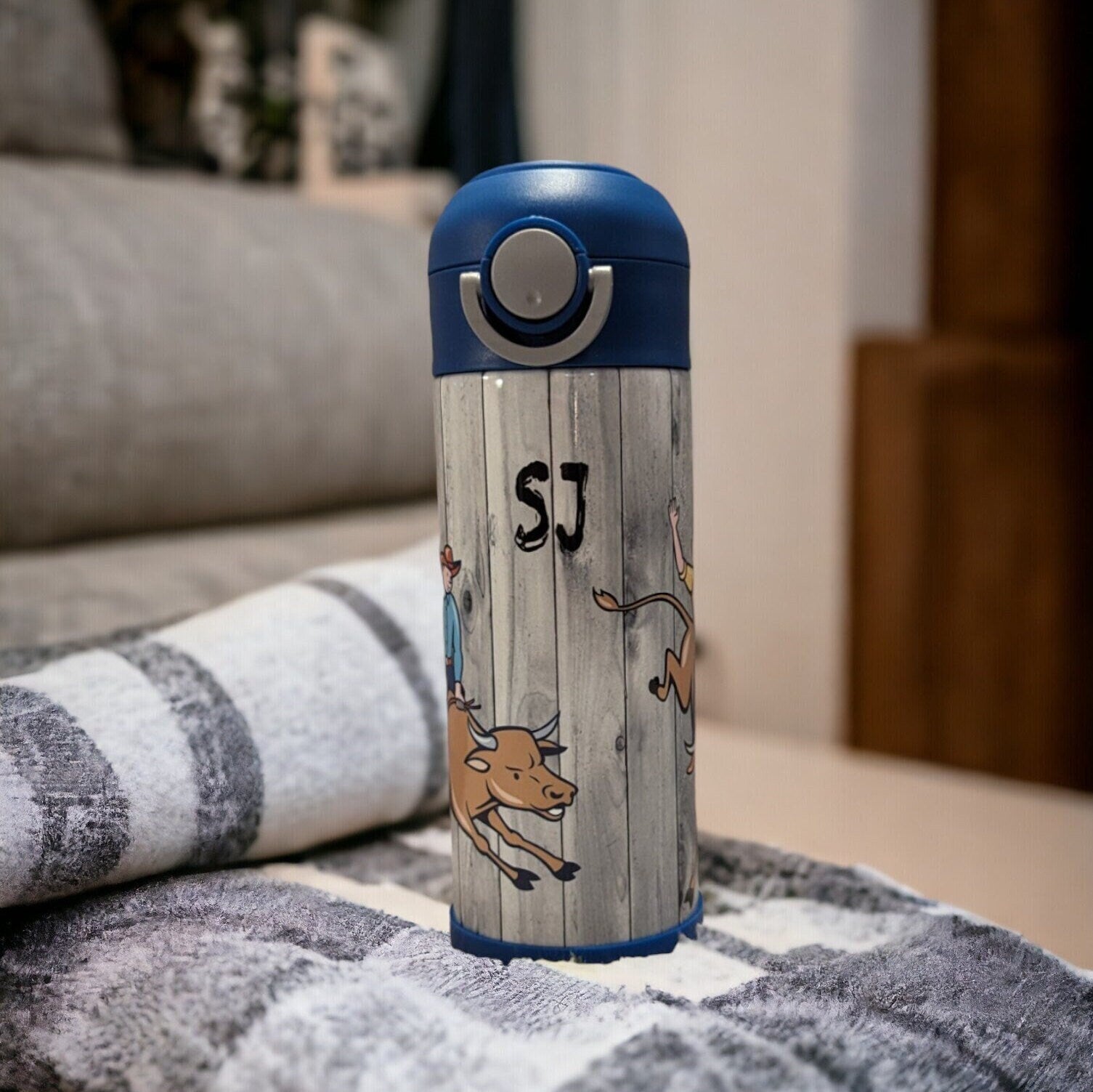 Kids Bull Riding Water Bottle 12oz With Reusable Straw Can Be Personalized